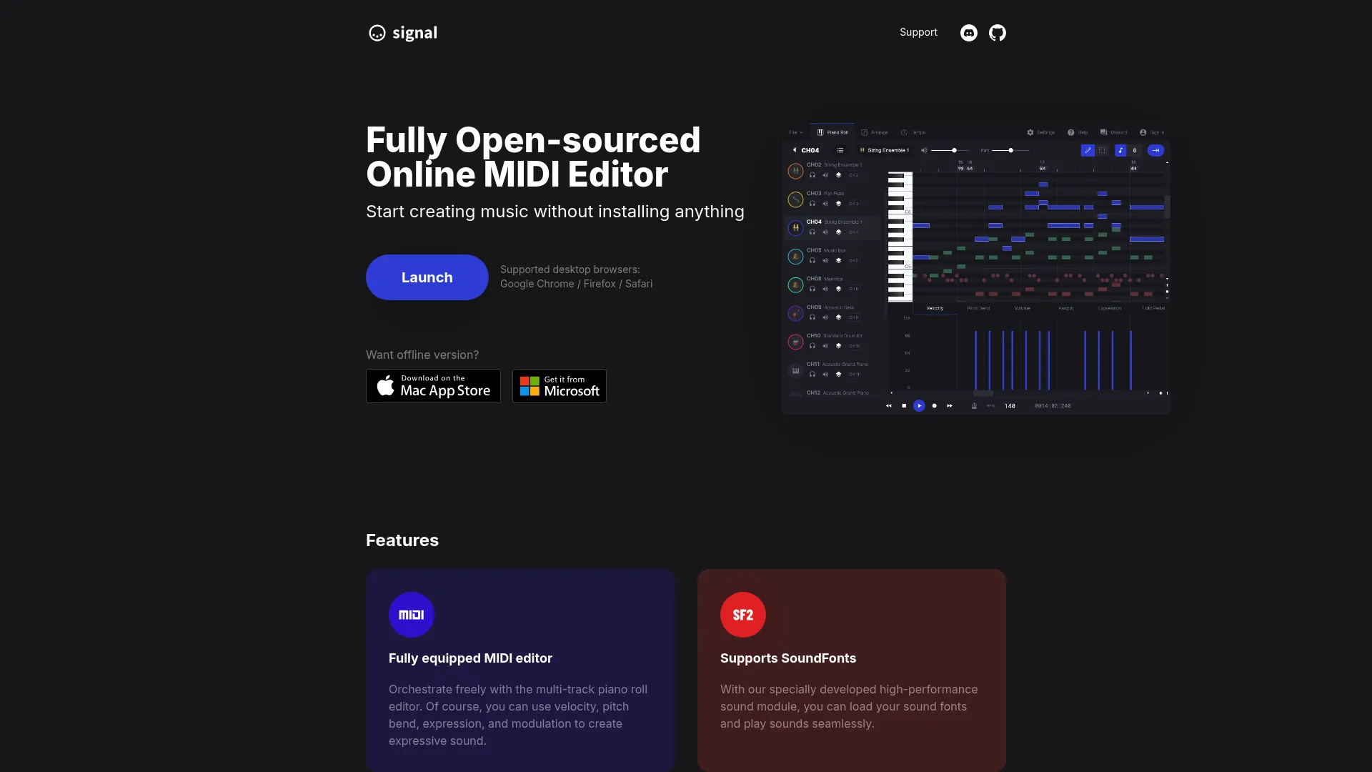 signal online MIDI editor interface with a multi-track piano roll in the browser