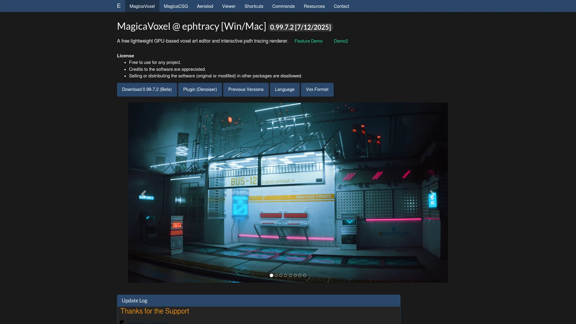 MagicaVoxel homepage showing voxel art examples and download links