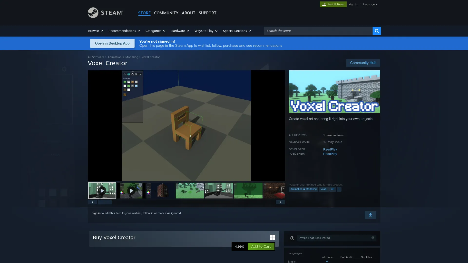 Voxel Creator Steam store page showing voxel asset creation