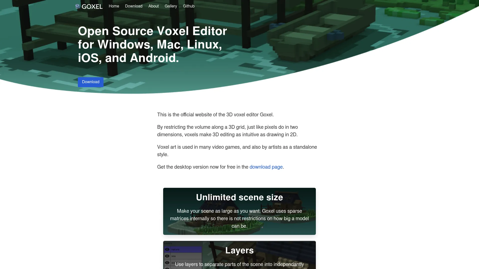 Goxel homepage showing the open-source voxel editor interface
