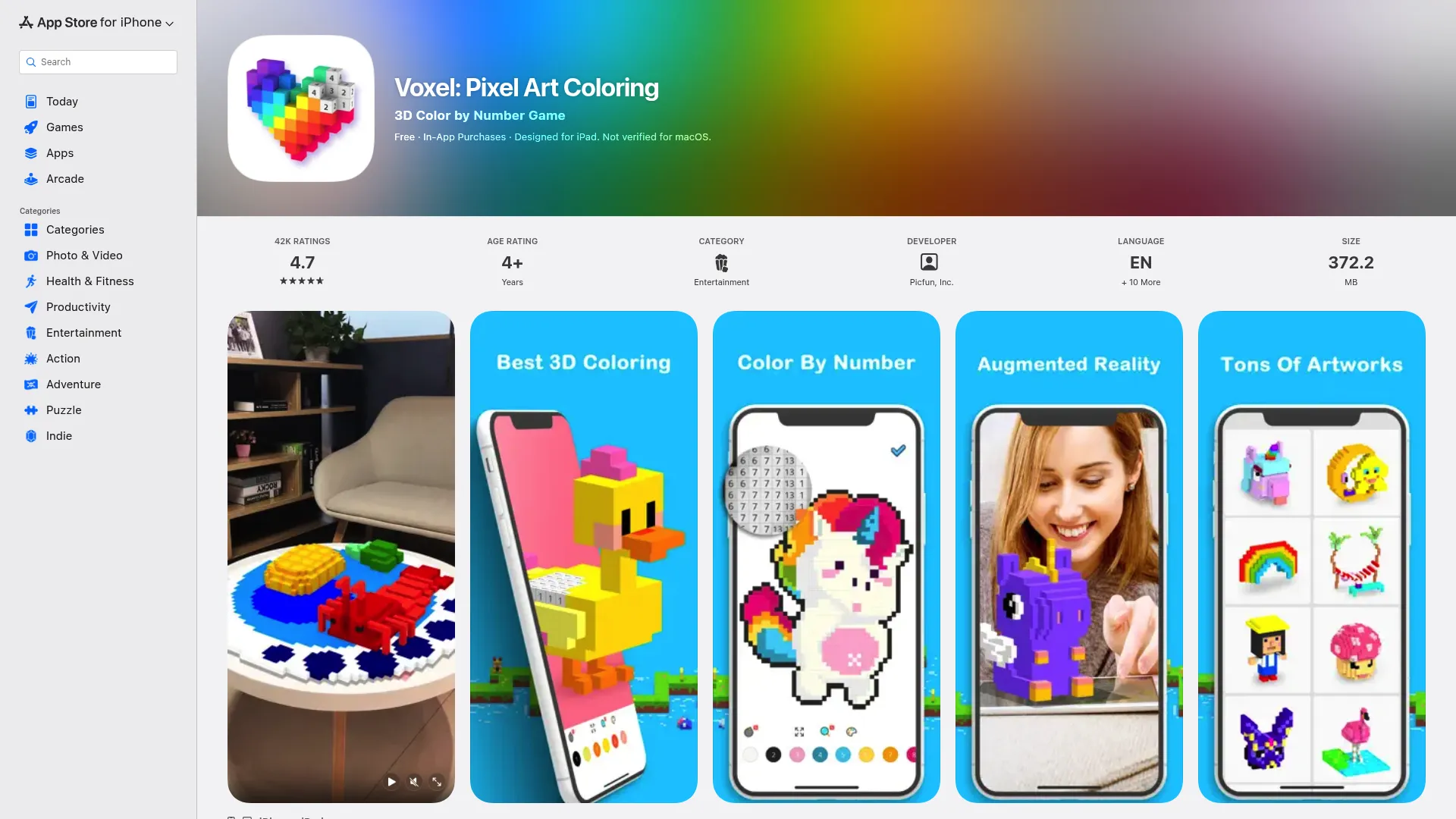 Voxel App Store page showing 2D and 3D color-by-number templates
