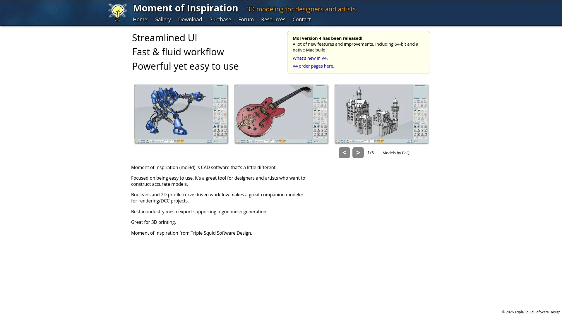 MOI3D homepage showing CAD-accurate hard-surface 3D modeling software