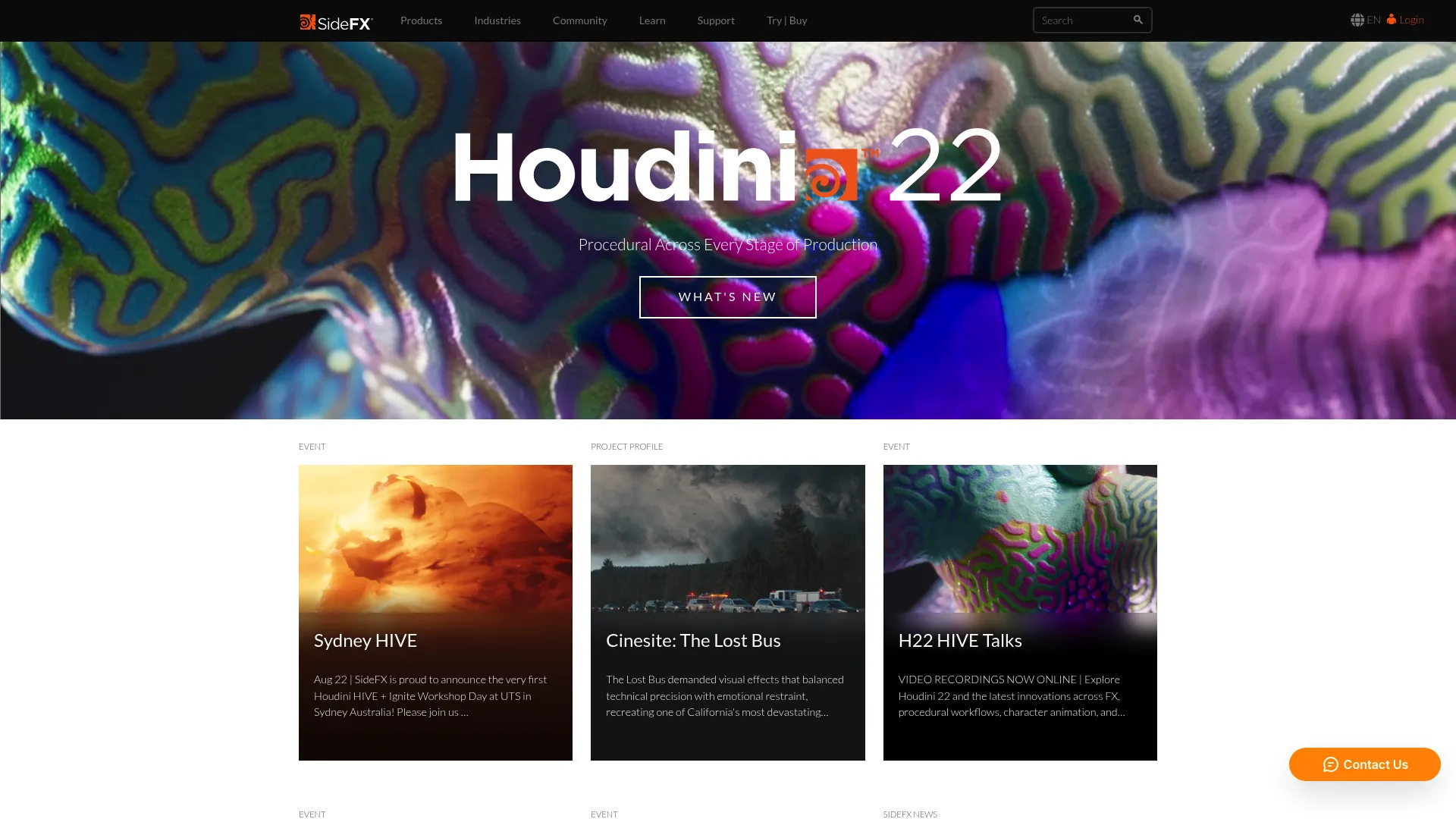Houdini homepage from SideFX showing procedural 3D and VFX software
