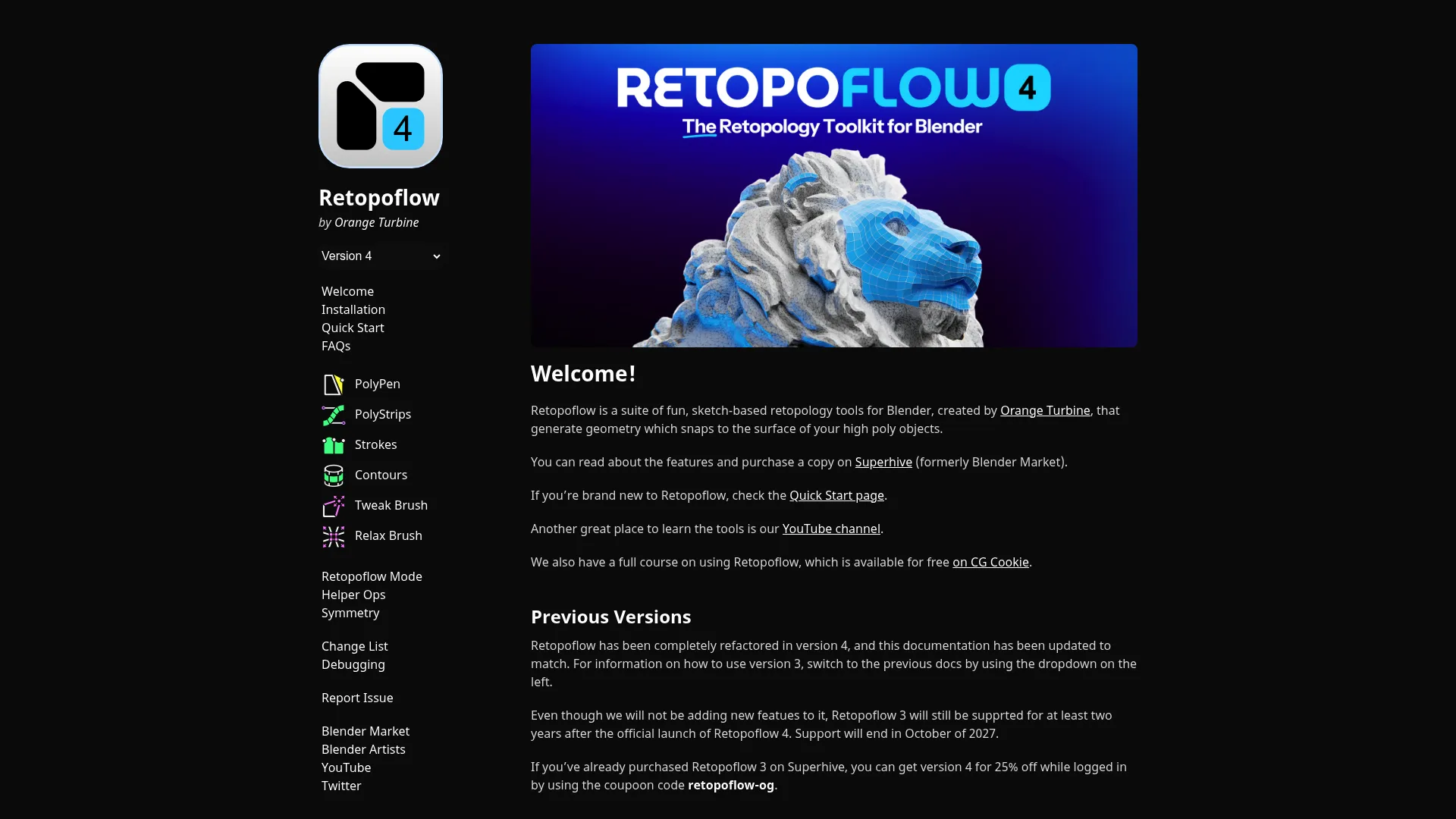 RetopoFlow documentation homepage showing sketch-based Blender retopology tools
