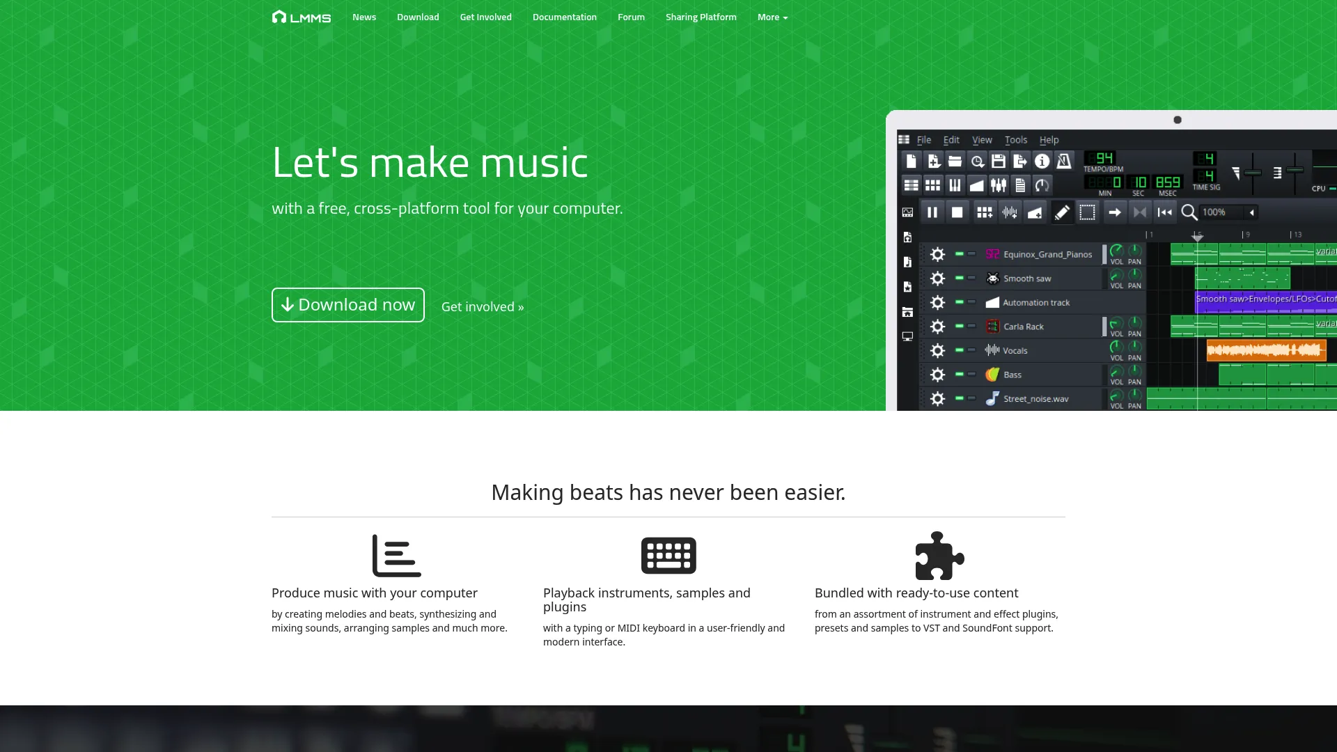 LMMS open-source music production homepage