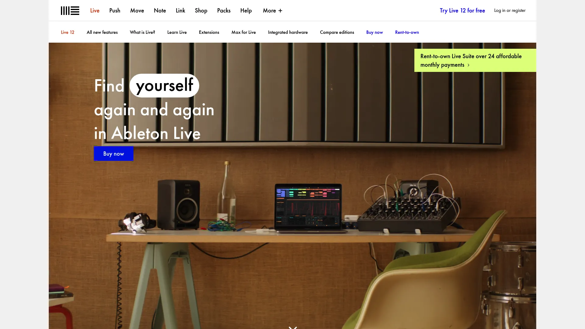 Ableton Live homepage showing the Live 12 digital audio workstation
