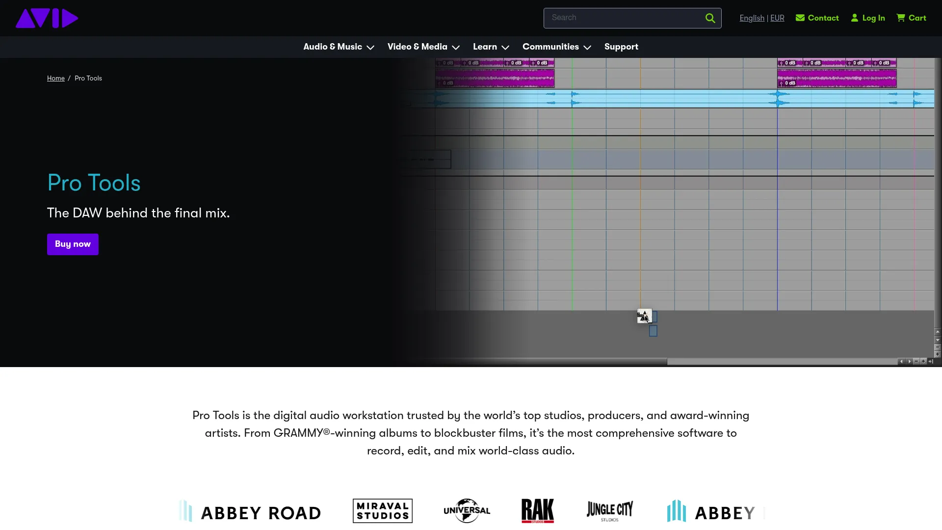 Pro Tools homepage from Avid showing the professional DAW