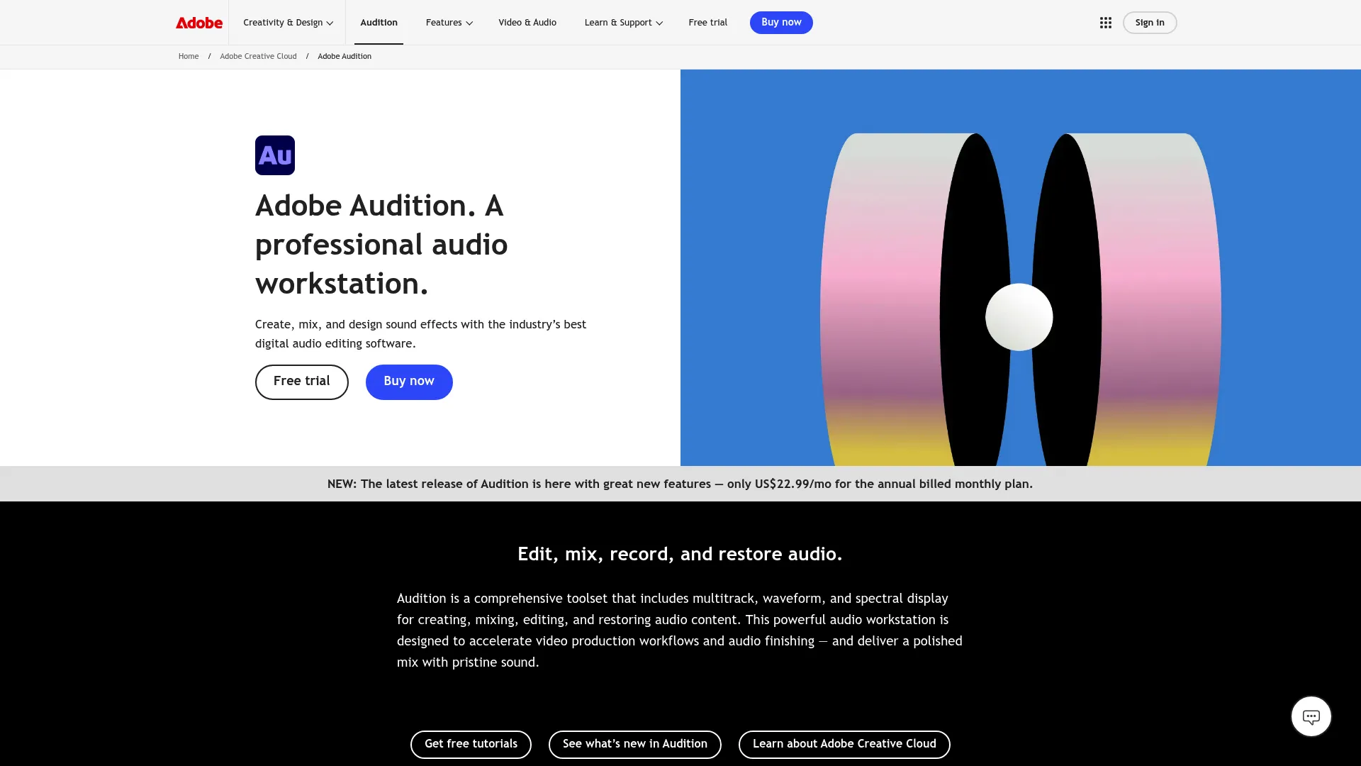 Adobe Audition professional audio editing homepage