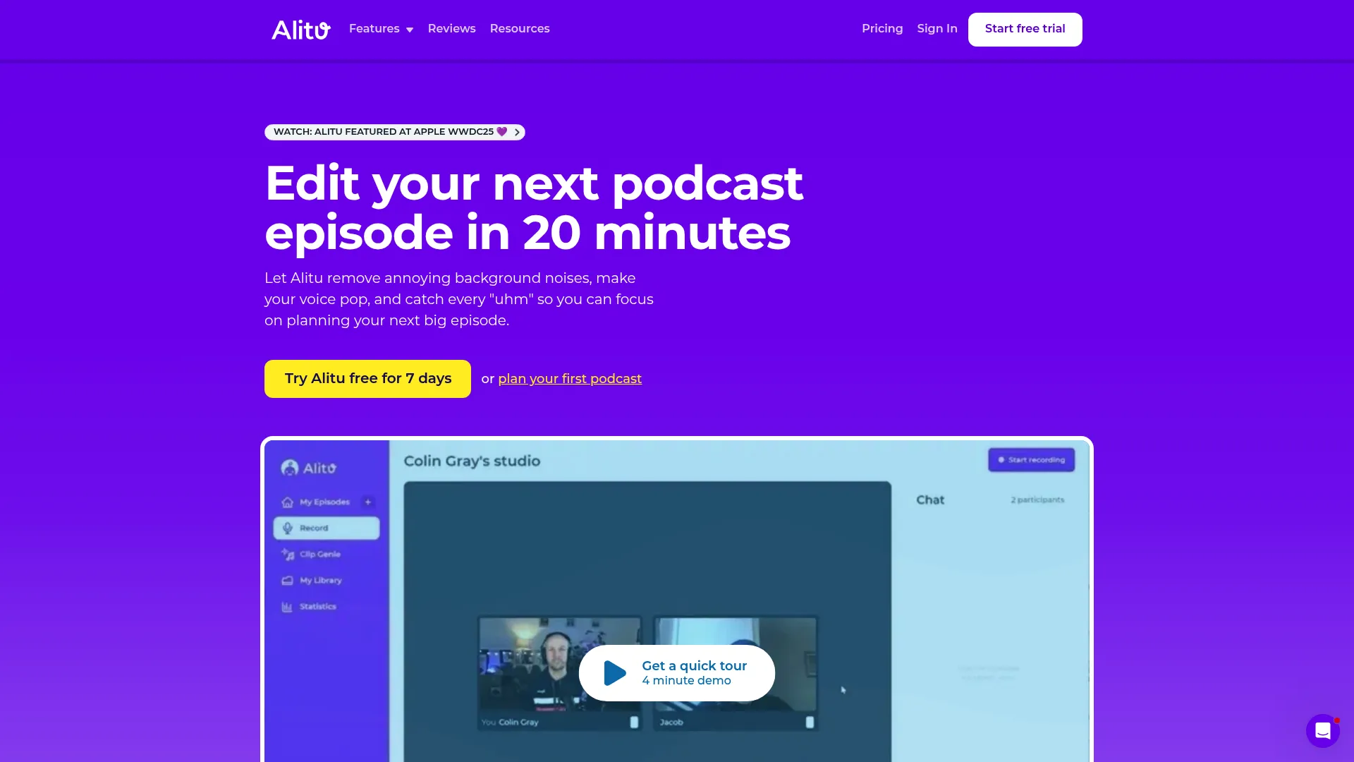 Alitu all-in-one podcast software homepage