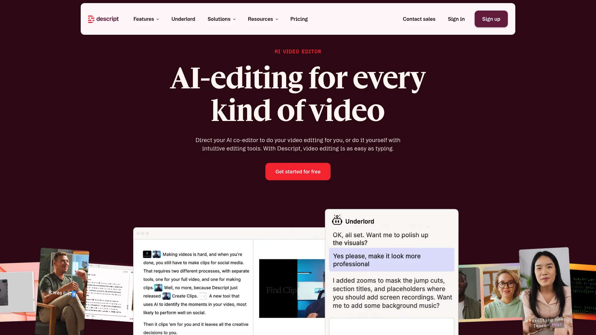 Descript text-based podcast editor homepage