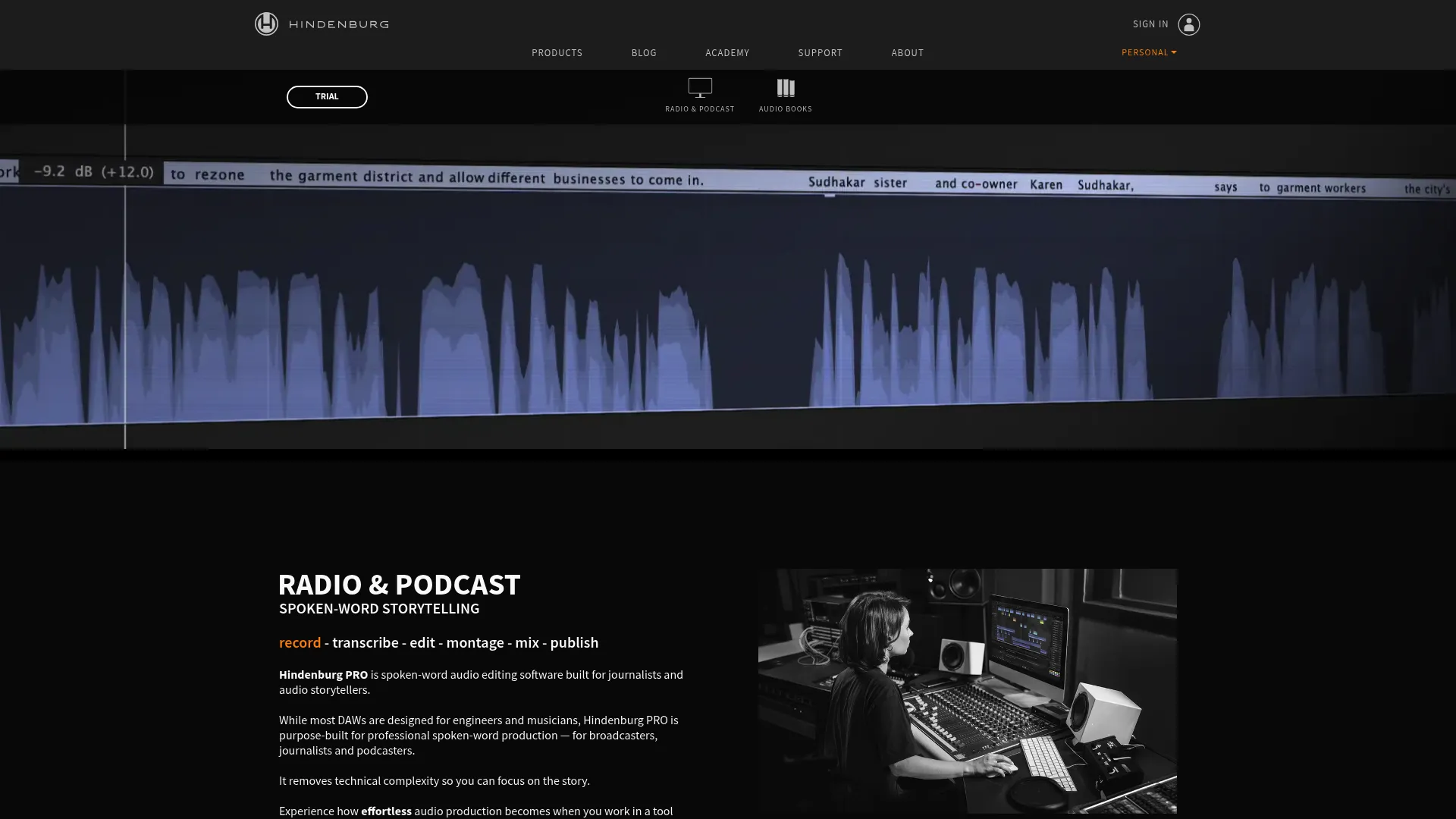 Hindenburg spoken-word audio editing homepage