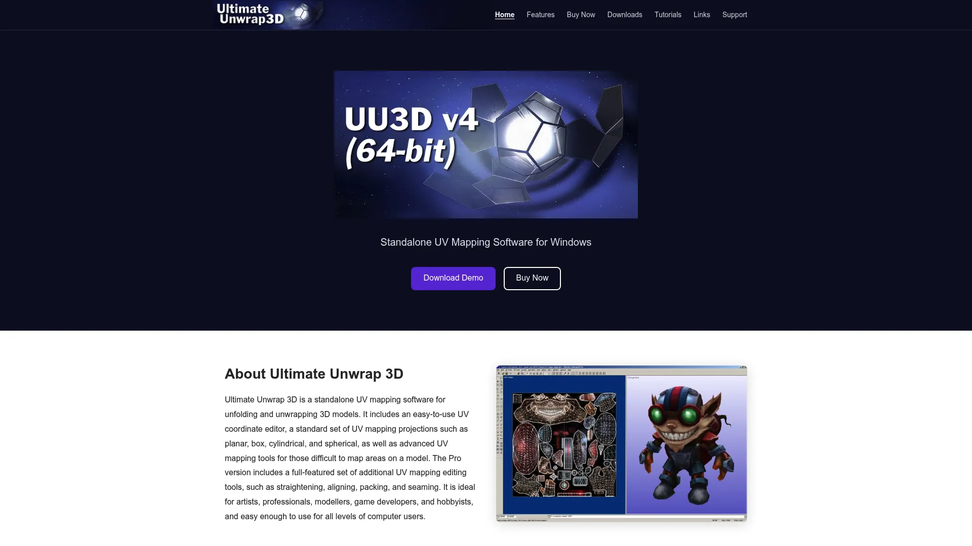 Ultimate Unwrap 3D homepage showing UV editing software