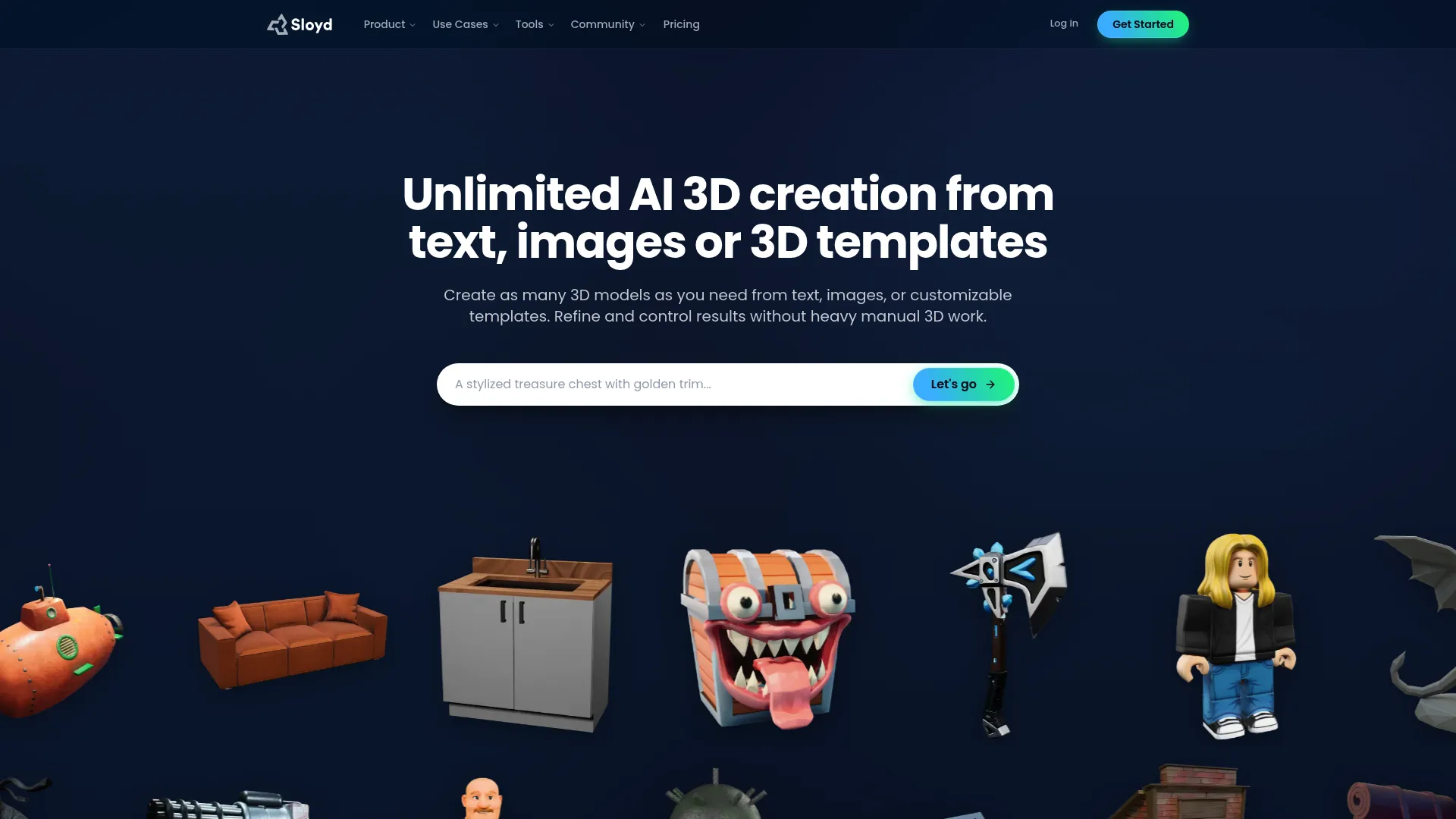 Sloyd homepage showing AI-powered 3D creation platform