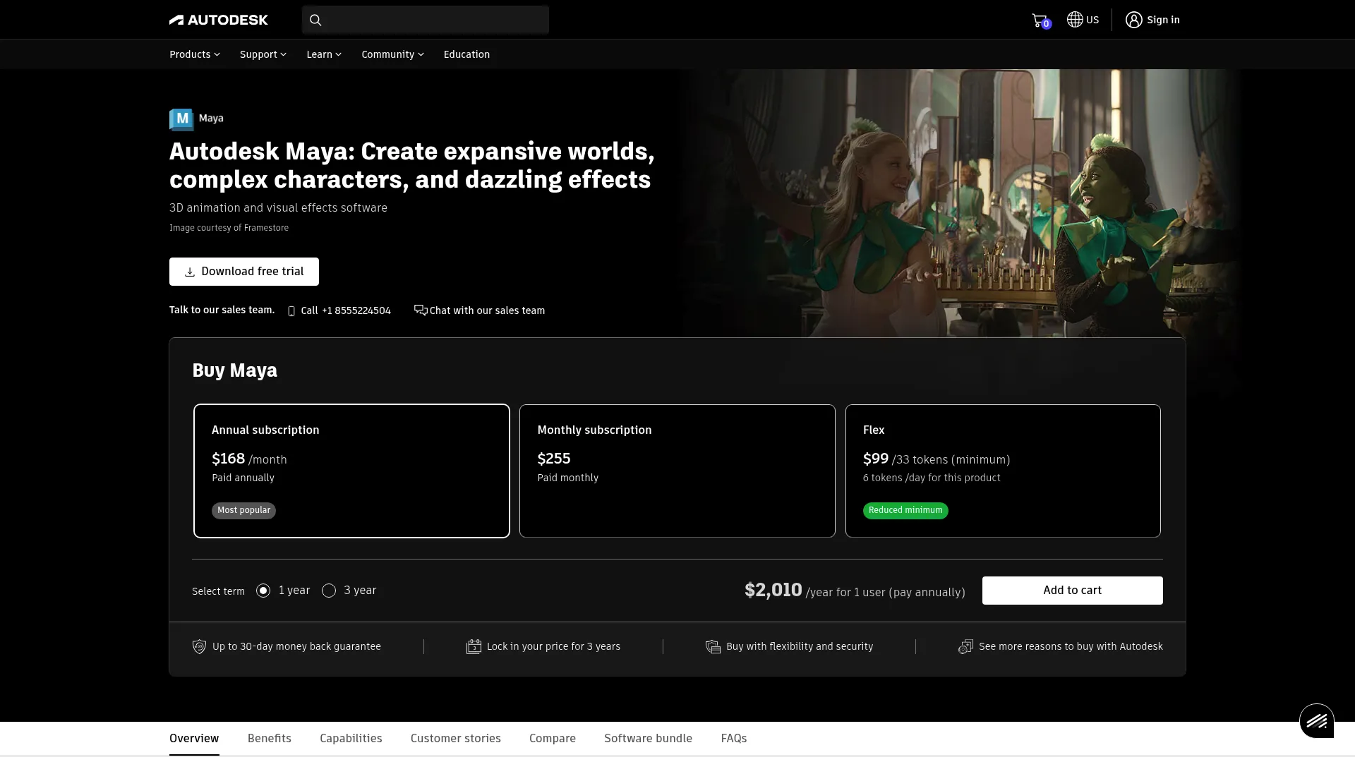 Autodesk Maya product page showing professional 3D animation software