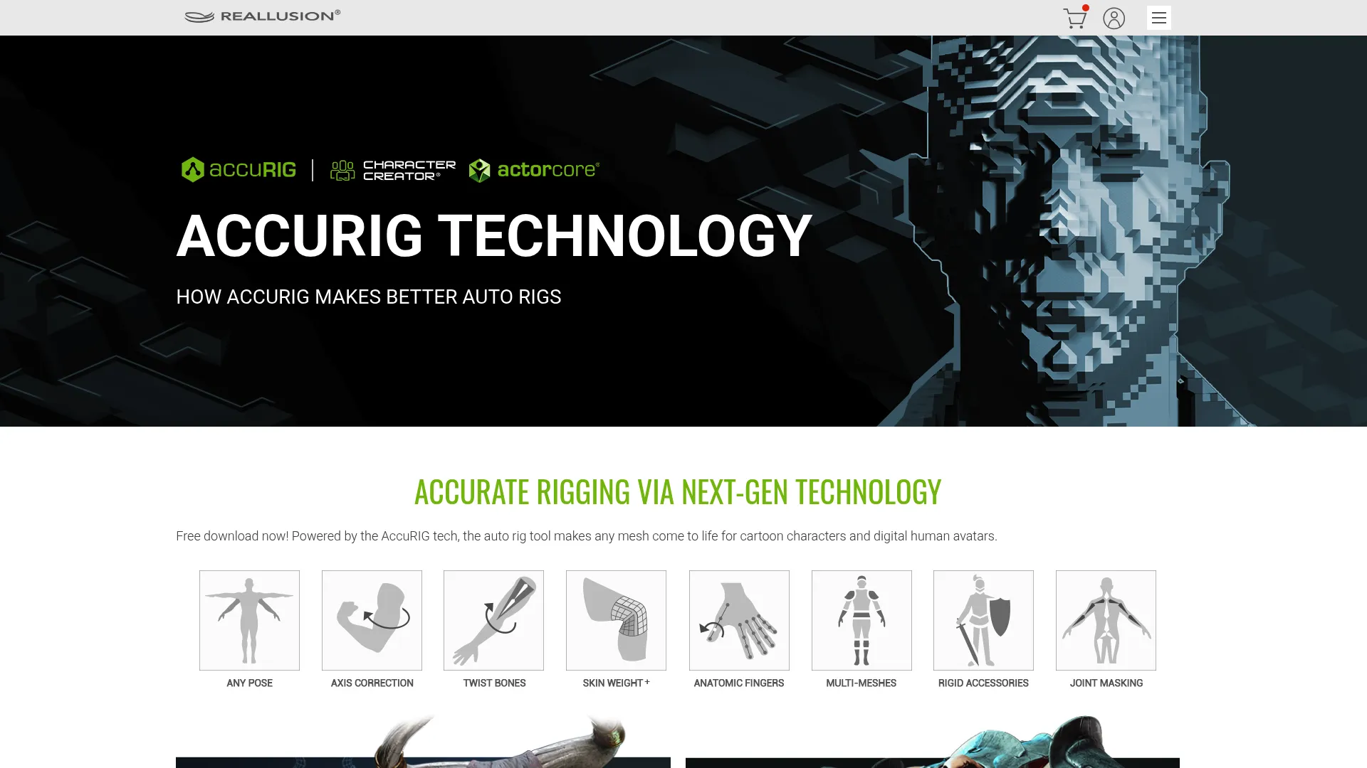 AccuRIG homepage showing free auto-rigging software from Reallusion