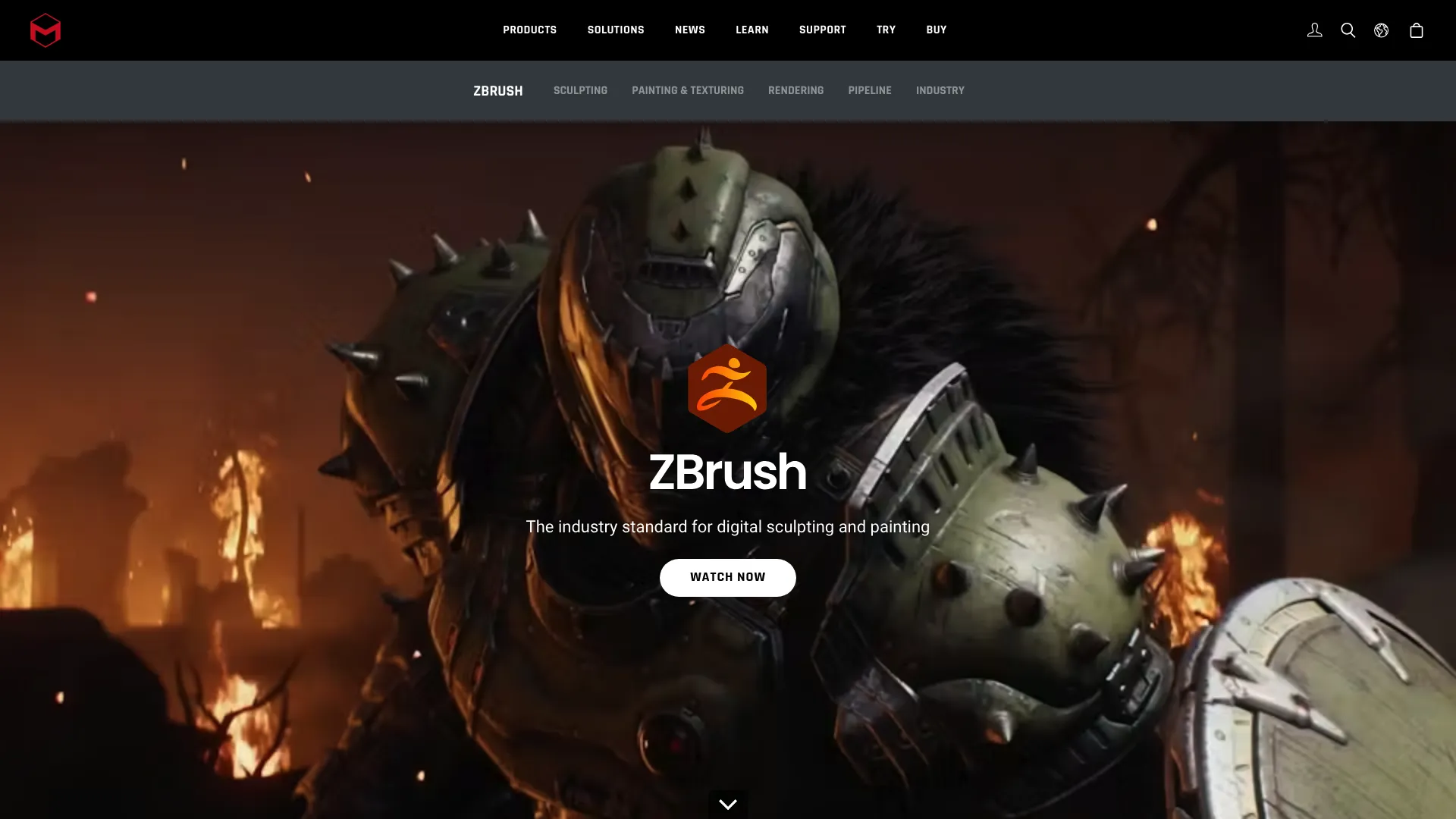 ZBrush product page from Maxon showing digital sculpting software