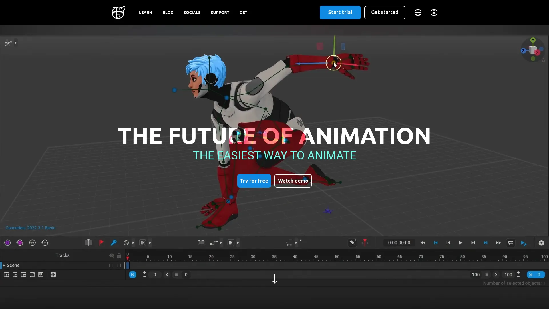 Cascadeur homepage showing AI-assisted 3D character animation software