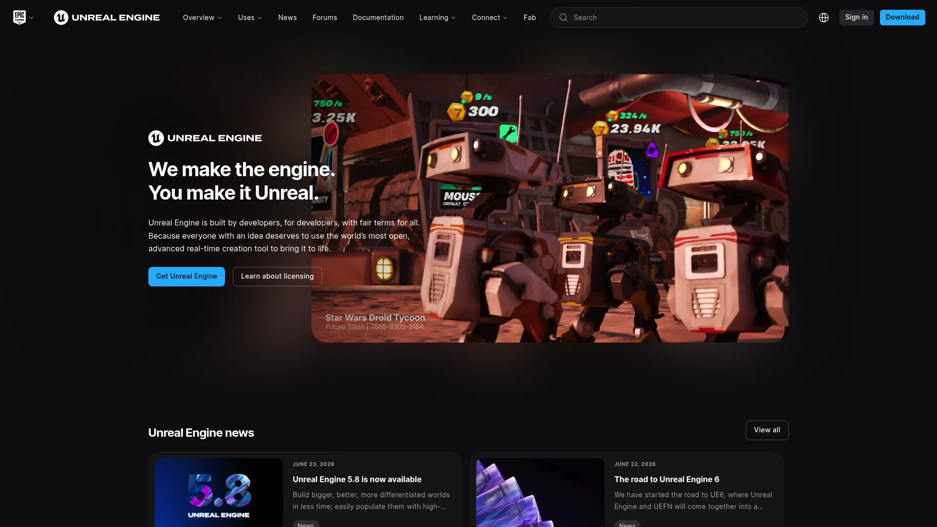 Unreal Engine real-time 3D creation homepage