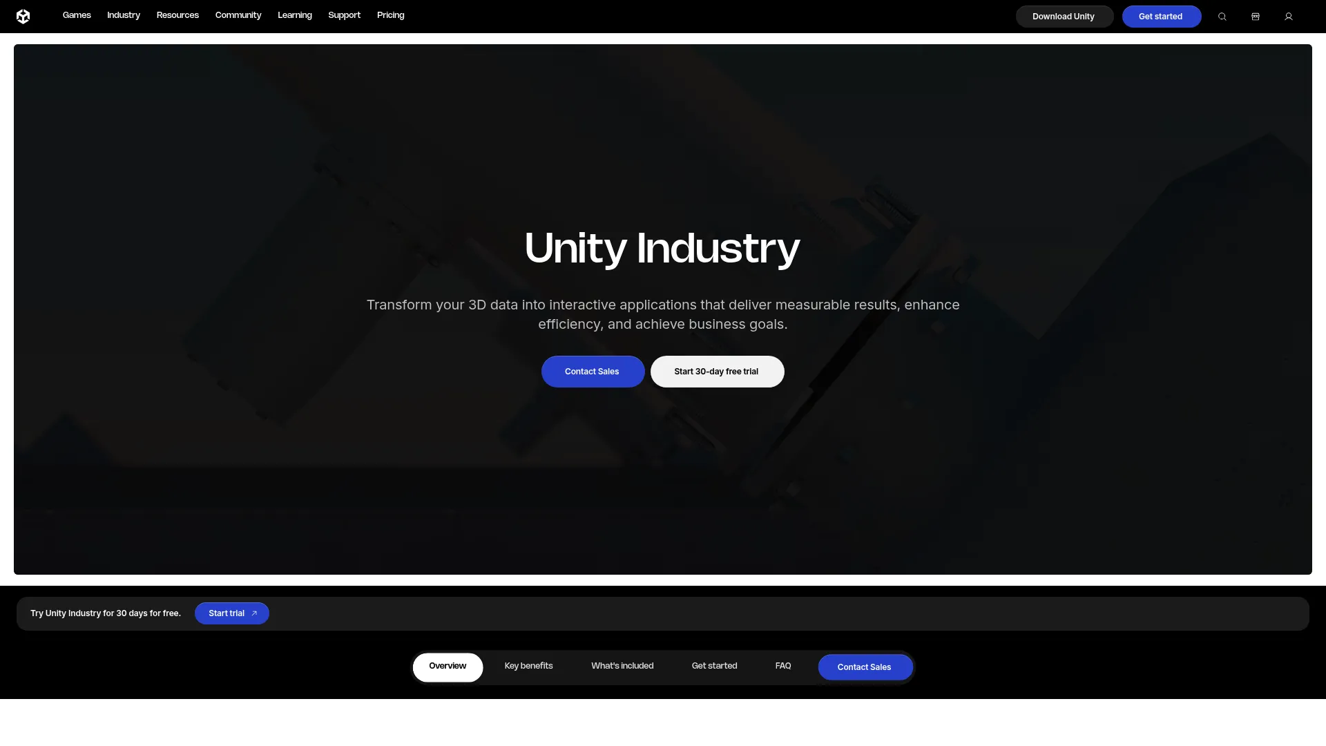 Unity Industry real-time 3D platform homepage