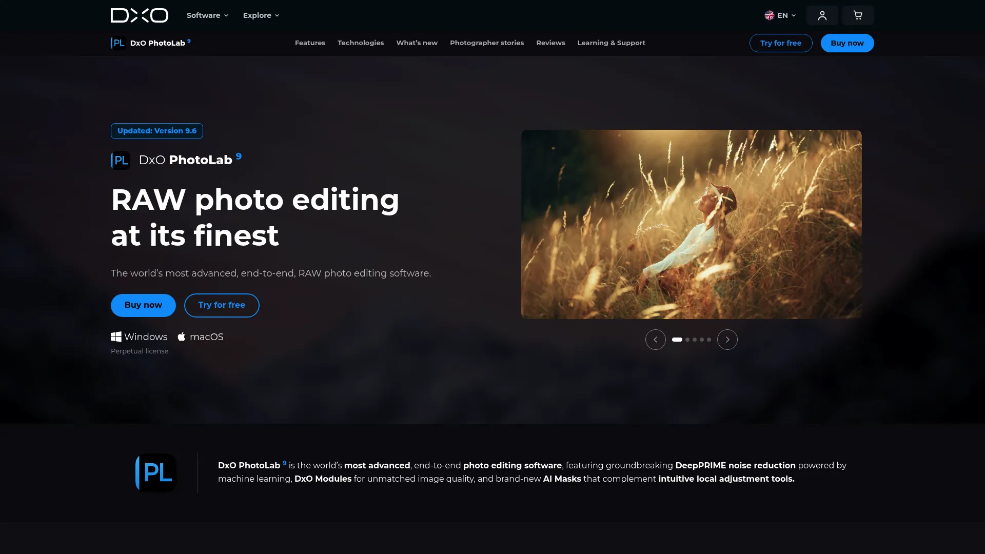 DxO PhotoLab homepage showing RAW editing with DeepPRIME noise reduction