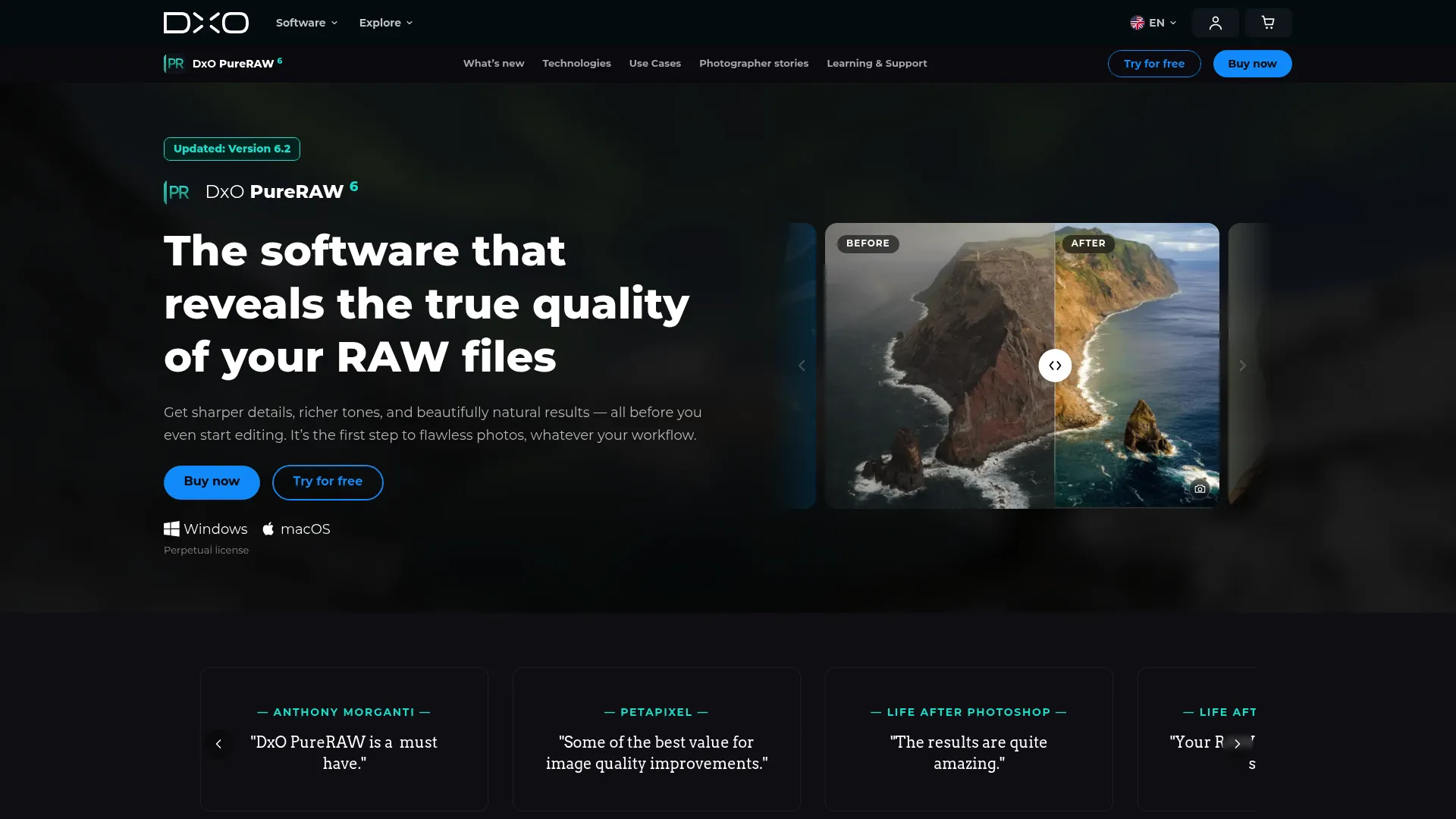 DxO PureRAW homepage showing RAW preprocessing and DeepPRIME denoising