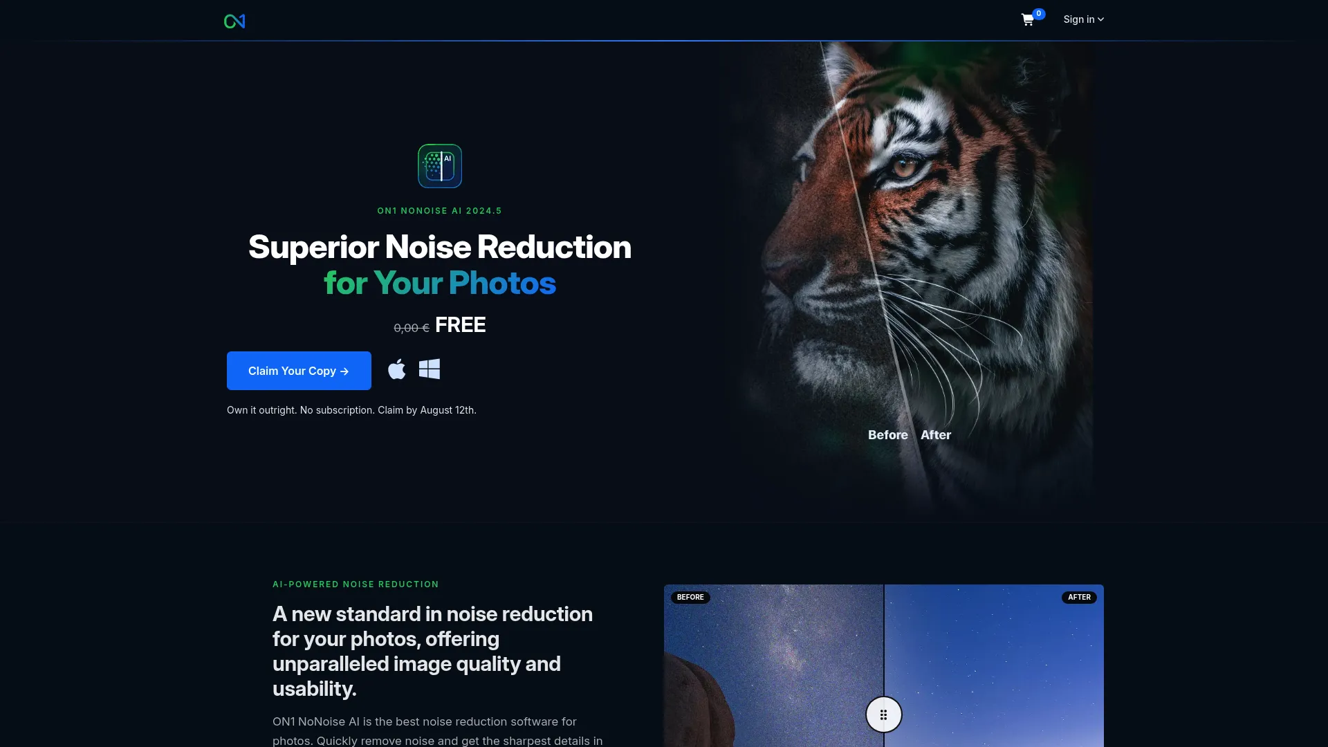 ON1 NoNoise AI homepage showing AI noise reduction and deblurring