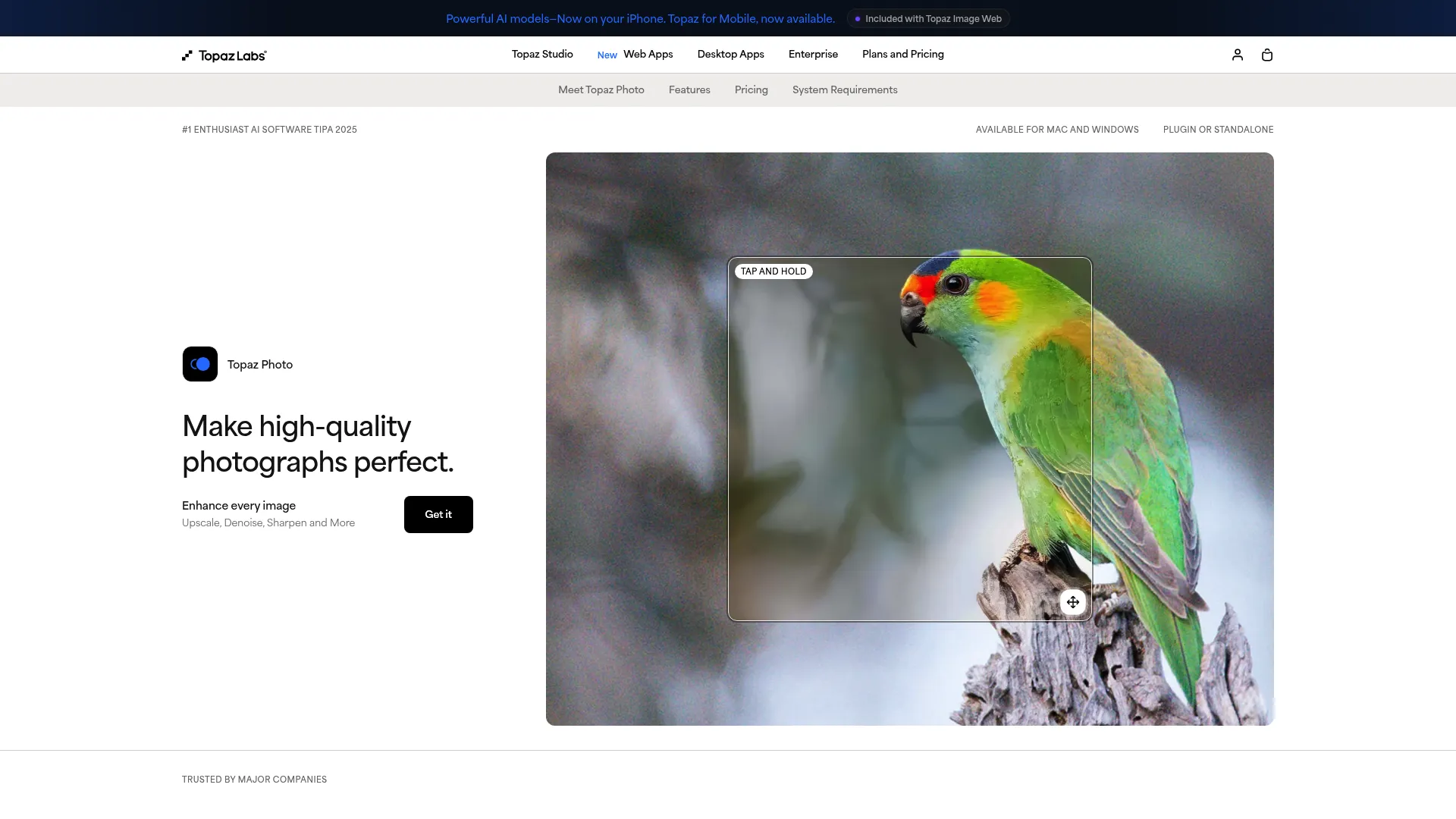 Topaz Photo AI homepage showing AI denoise, sharpen, and upscale