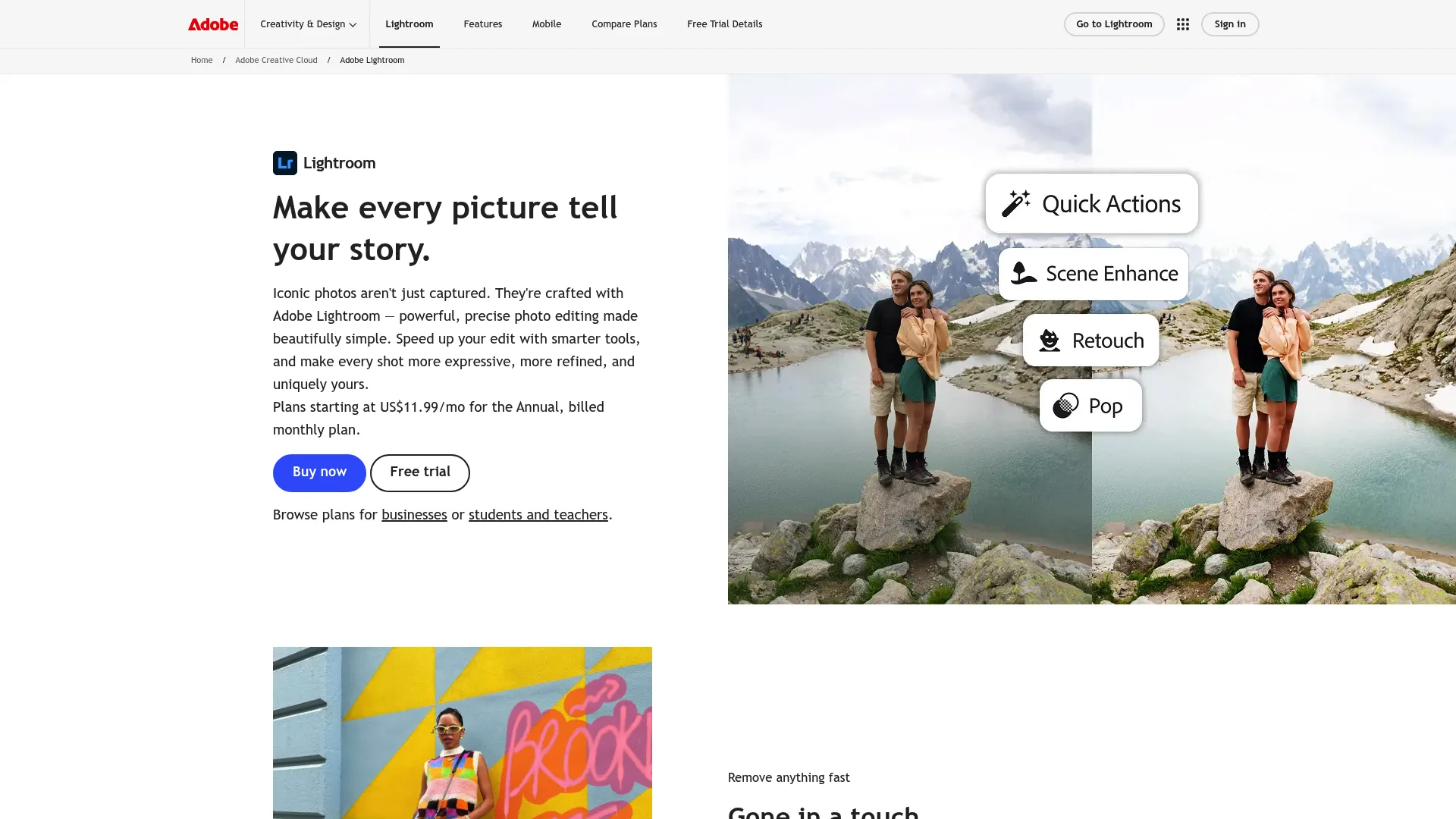 Adobe Lightroom homepage showing photo editing and AI Denoise