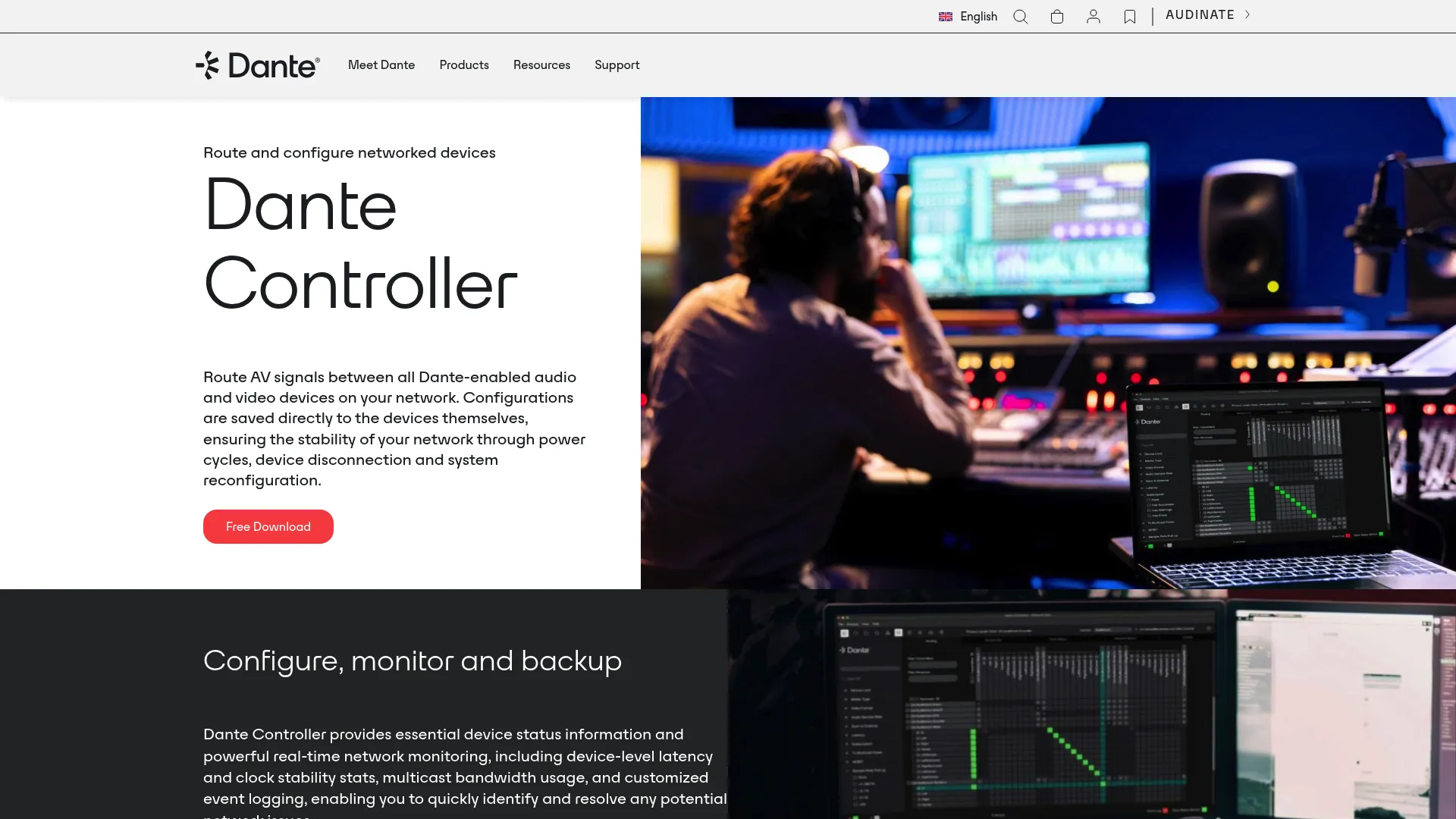 Dante Controller audio-over-IP routing software homepage