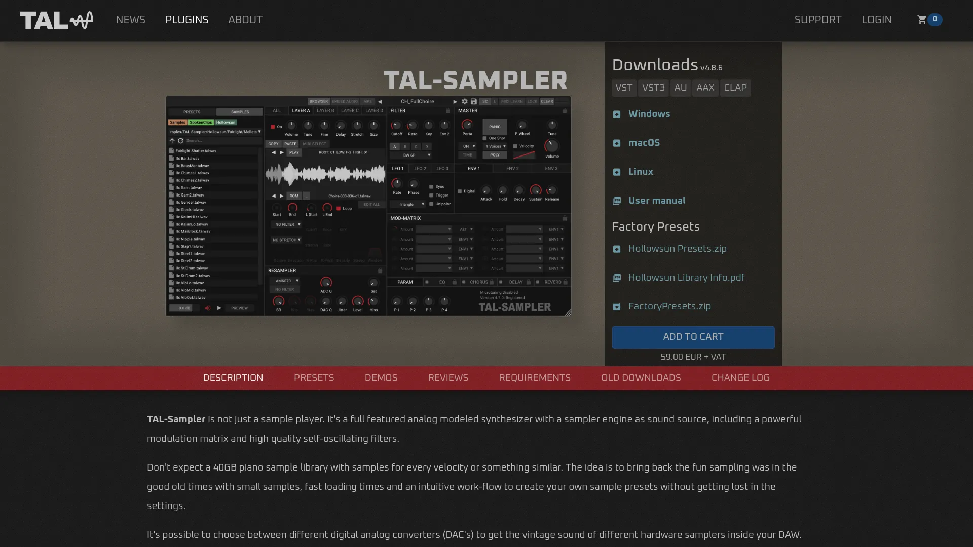 TAL-Sampler plugin interface showing its sampler and modulation controls
