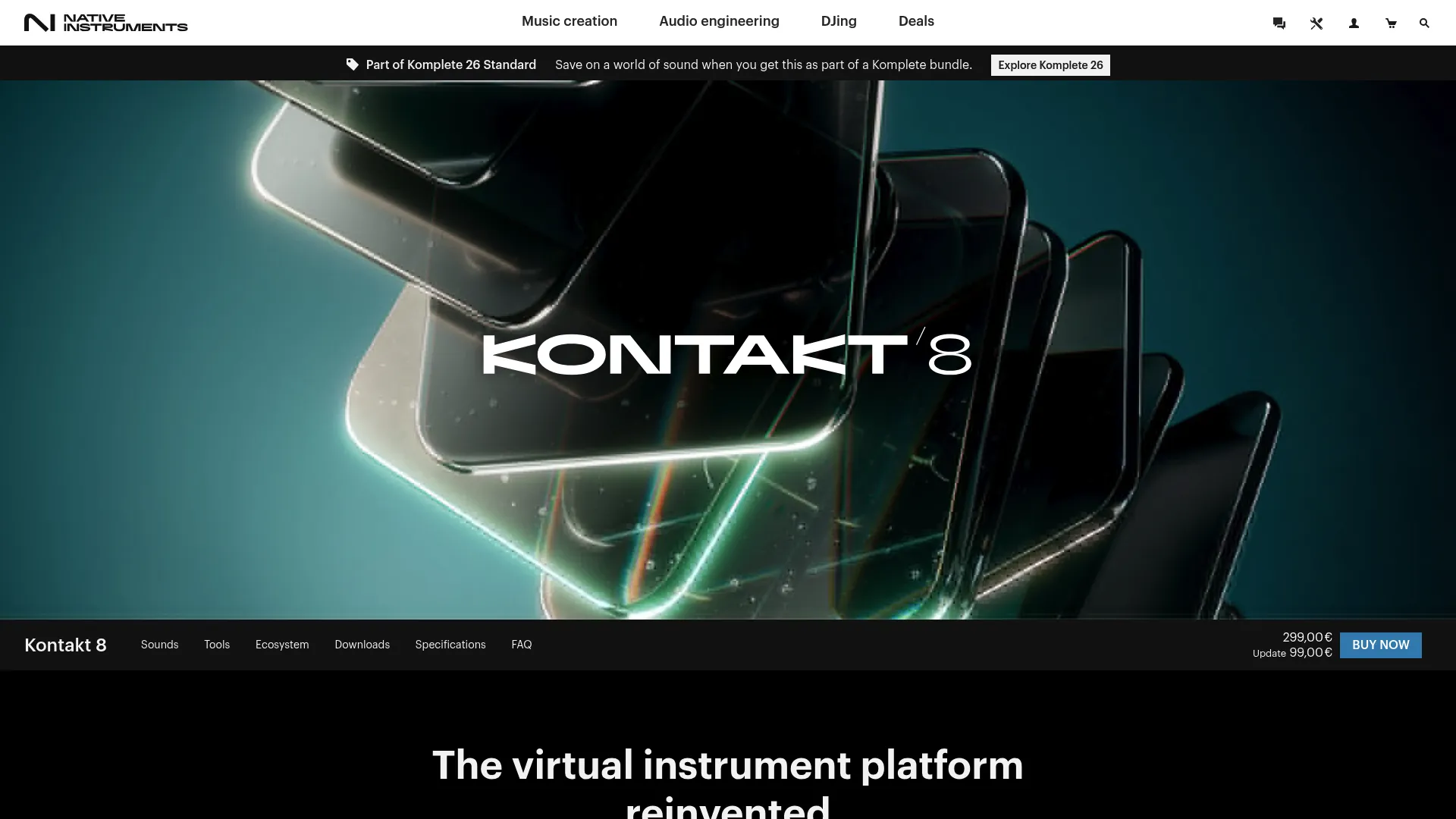 Native Instruments Kontakt 8 interface with its instrument library browser