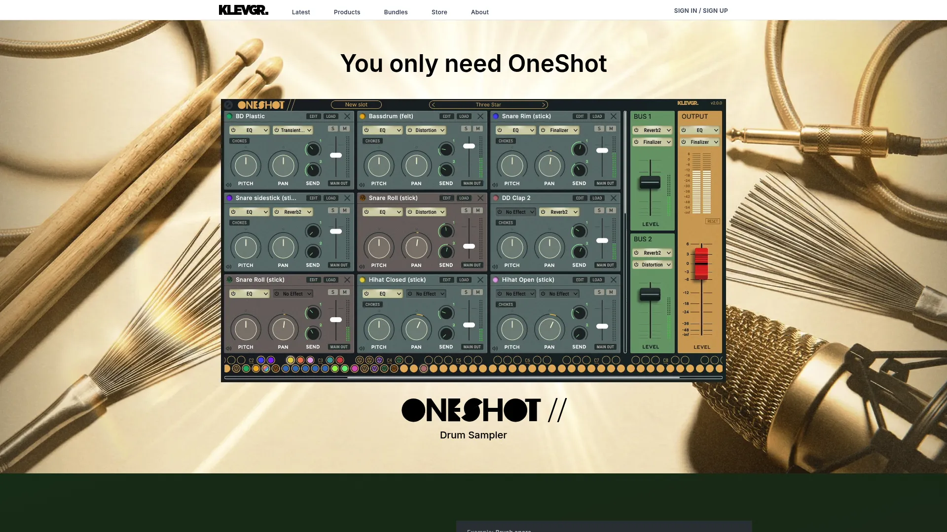 Klevgrand OneShot 2 drum sampler interface with pad and mixer layout