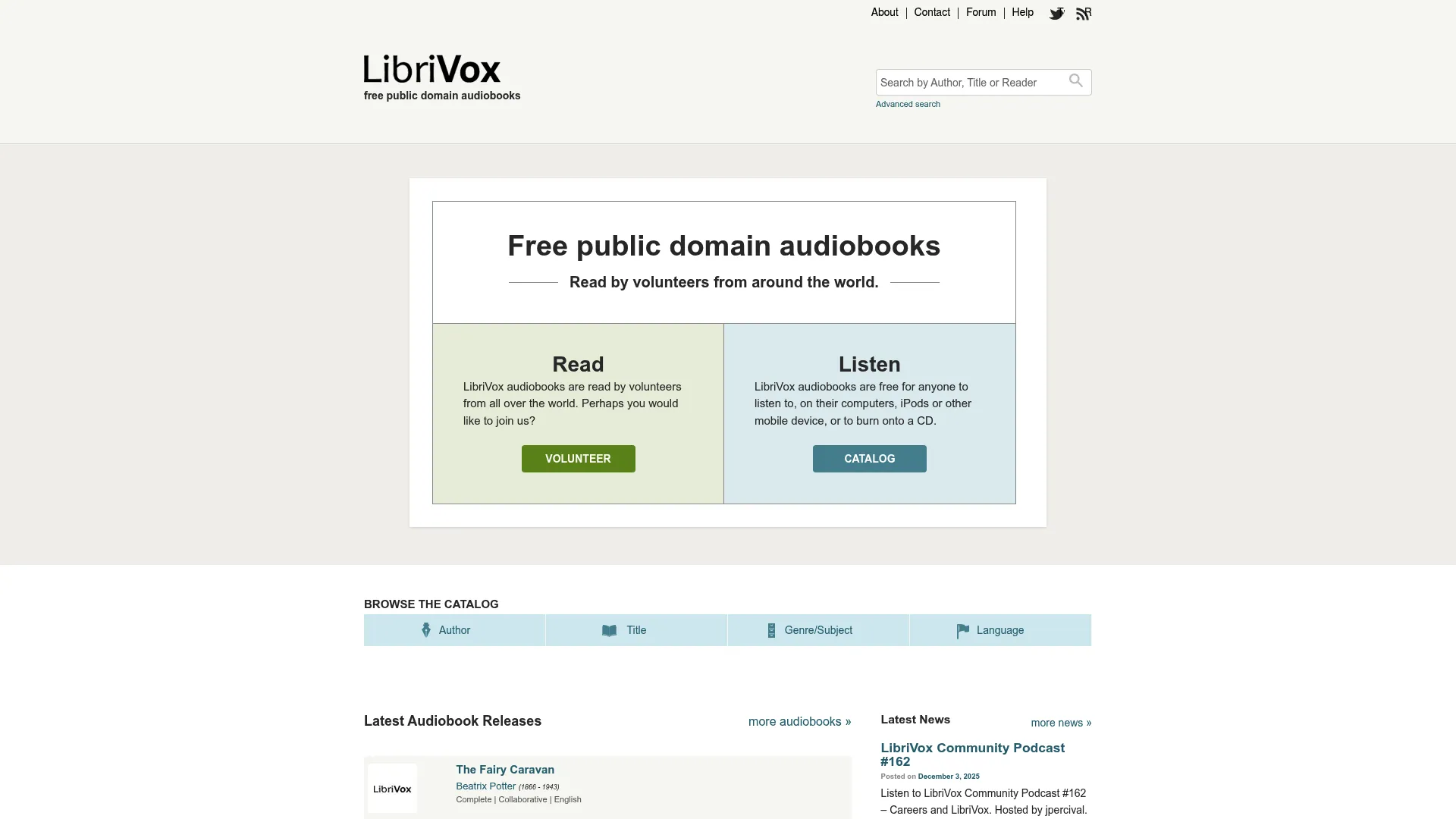 LibriVox homepage showing free public-domain audiobooks