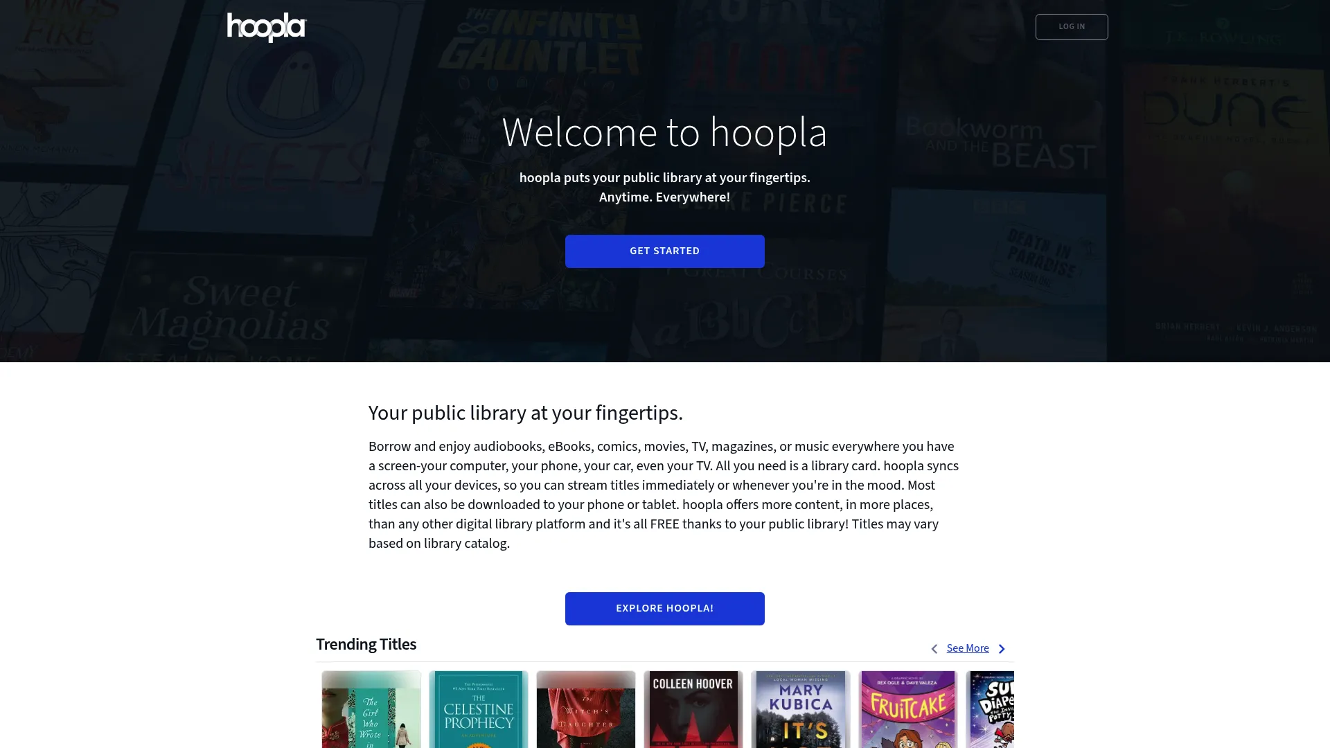 Hoopla homepage showing library digital media borrowing
