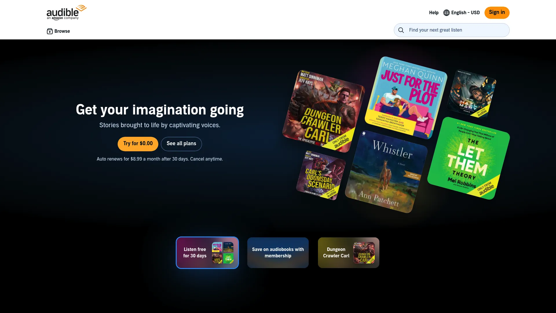 Audible homepage showing audiobook subscription options