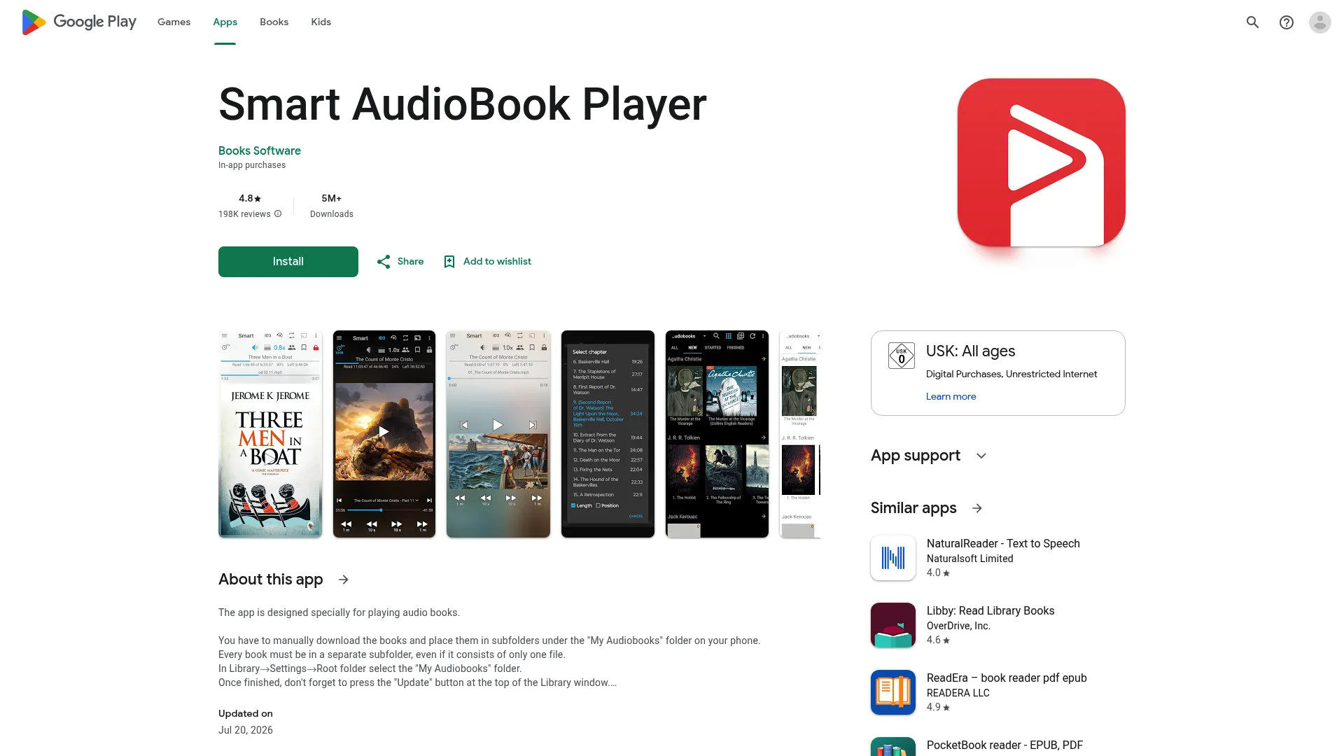 Smart AudioBook Player app listing showing Android audiobook playback