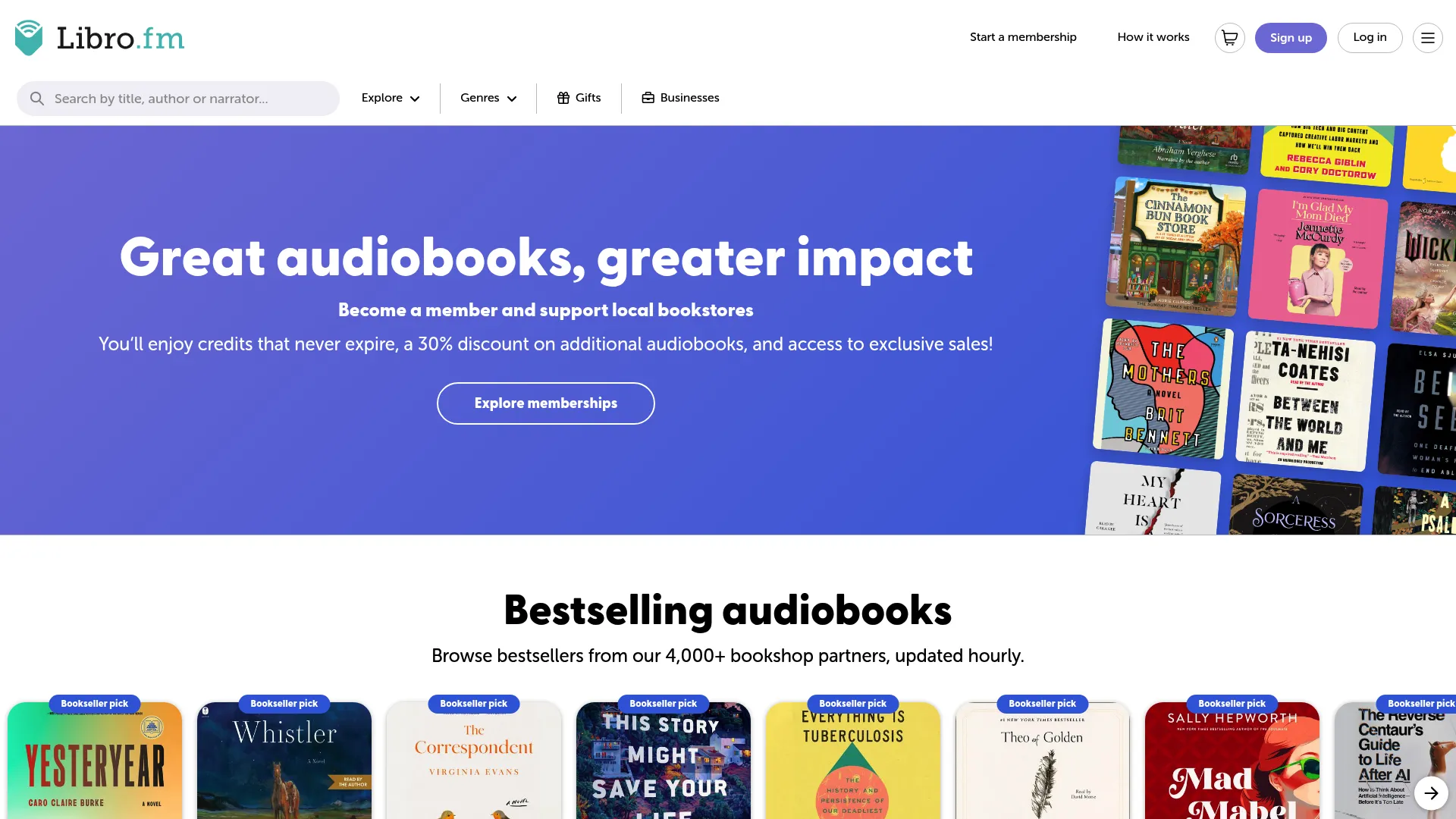 Libro.fm homepage showing audiobook marketplace supporting independent bookstores