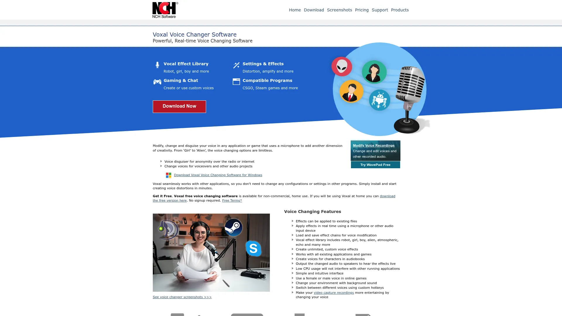 Voxal voice changer software homepage from NCH Software