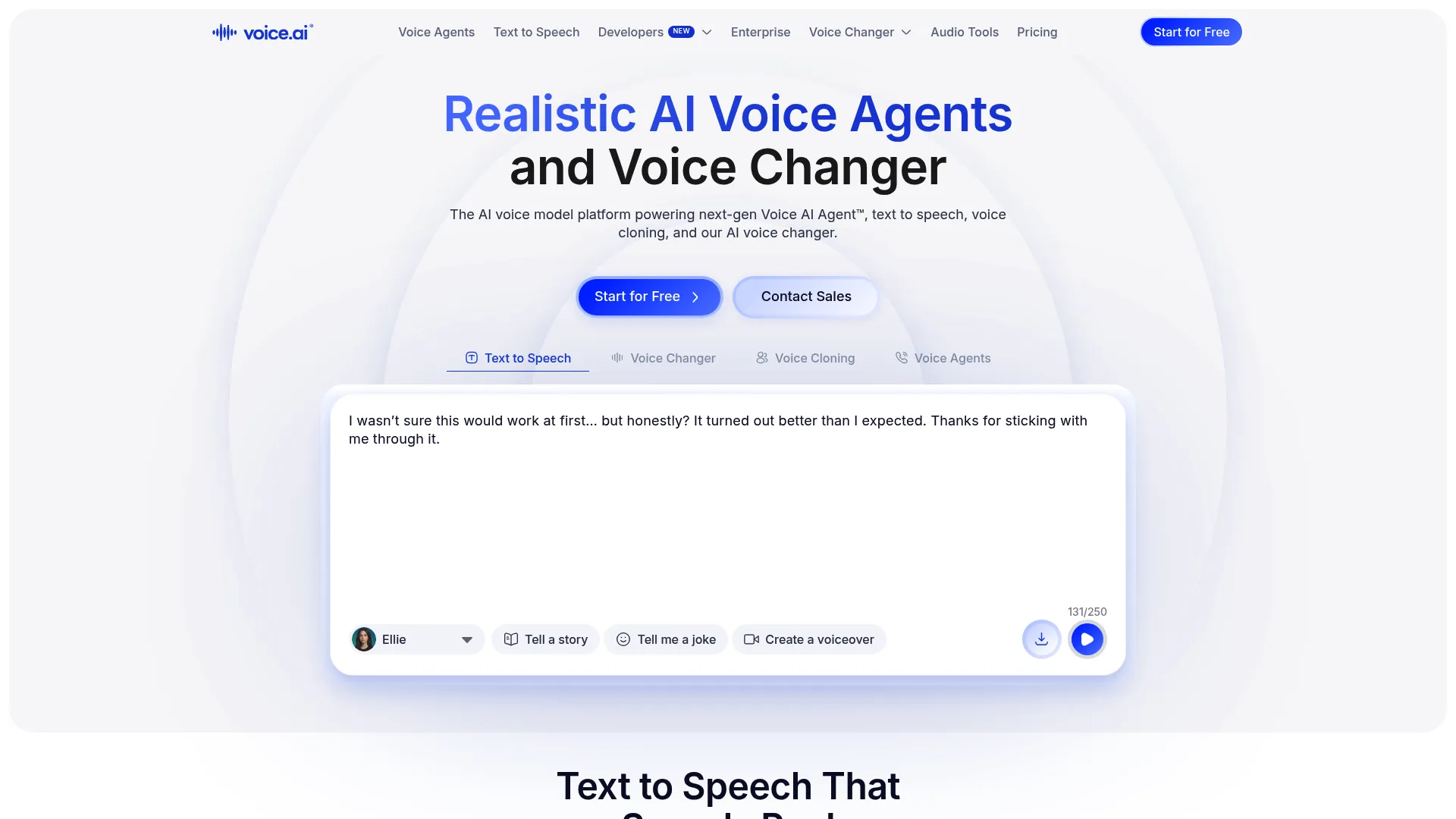 Voice.ai homepage showing AI voice changer and cloning interface