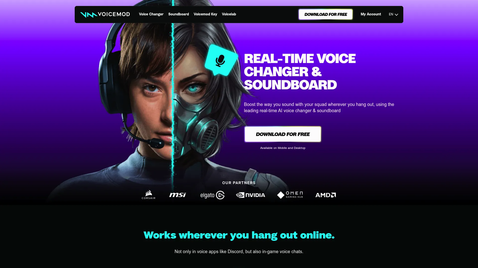Voicemod homepage showing real-time voice changer and soundboard features