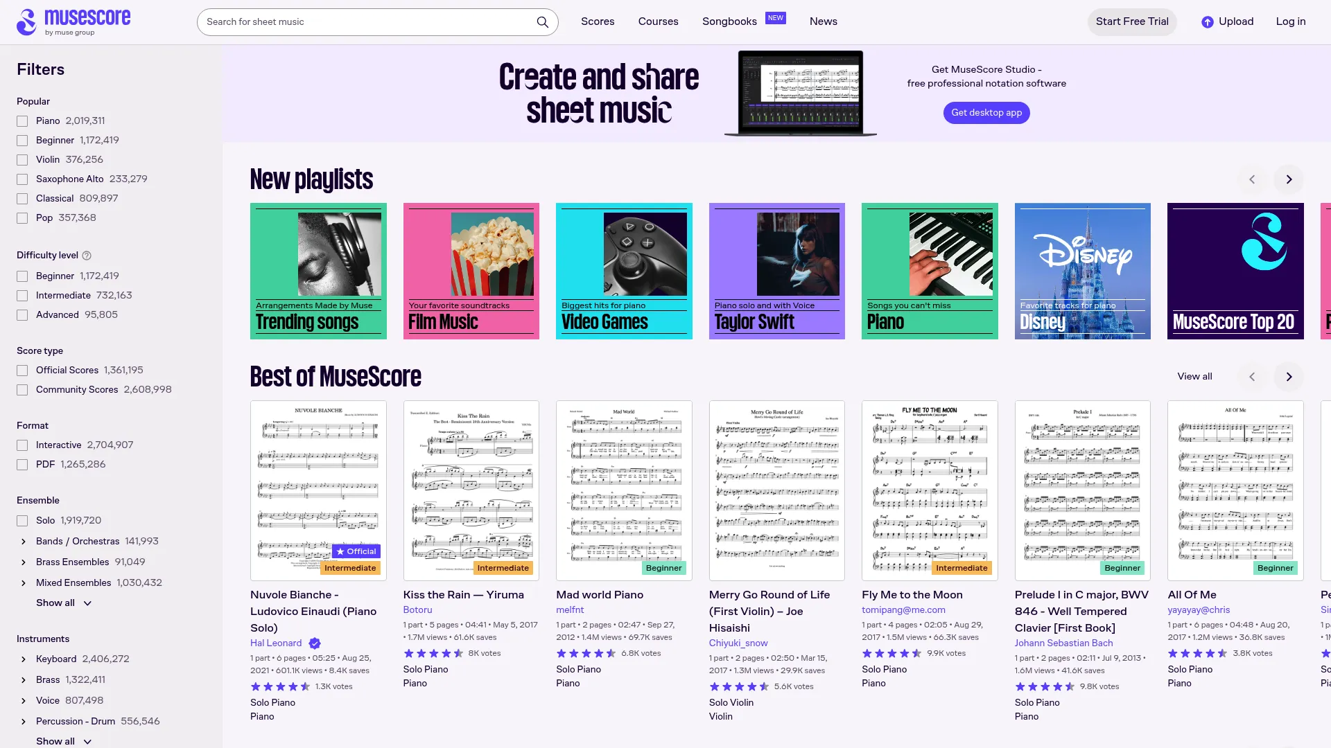 MuseScore online sheet music platform homepage showing score catalog