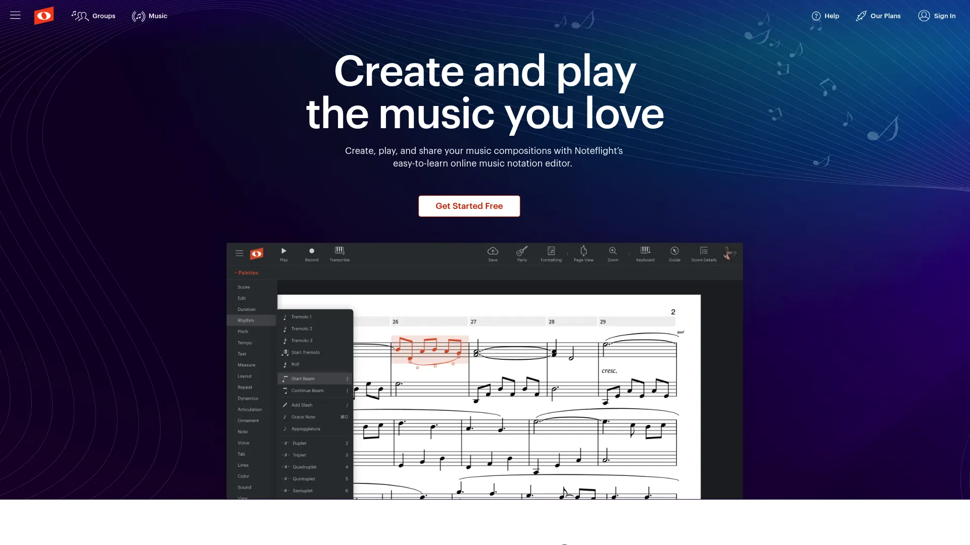 Noteflight online notation software homepage with score editor and pricing