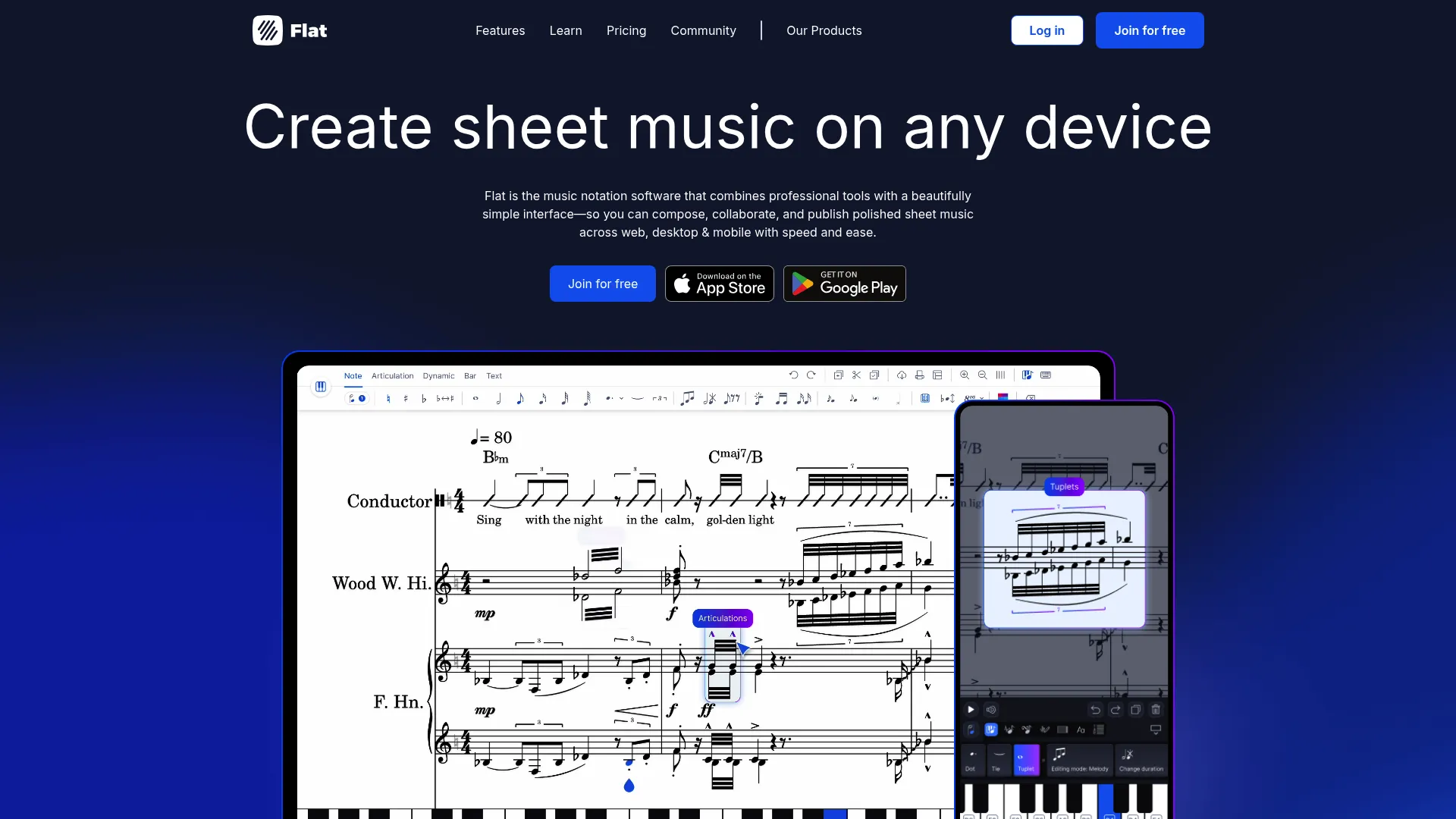 Flat online music notation software homepage showing browser-based score editing