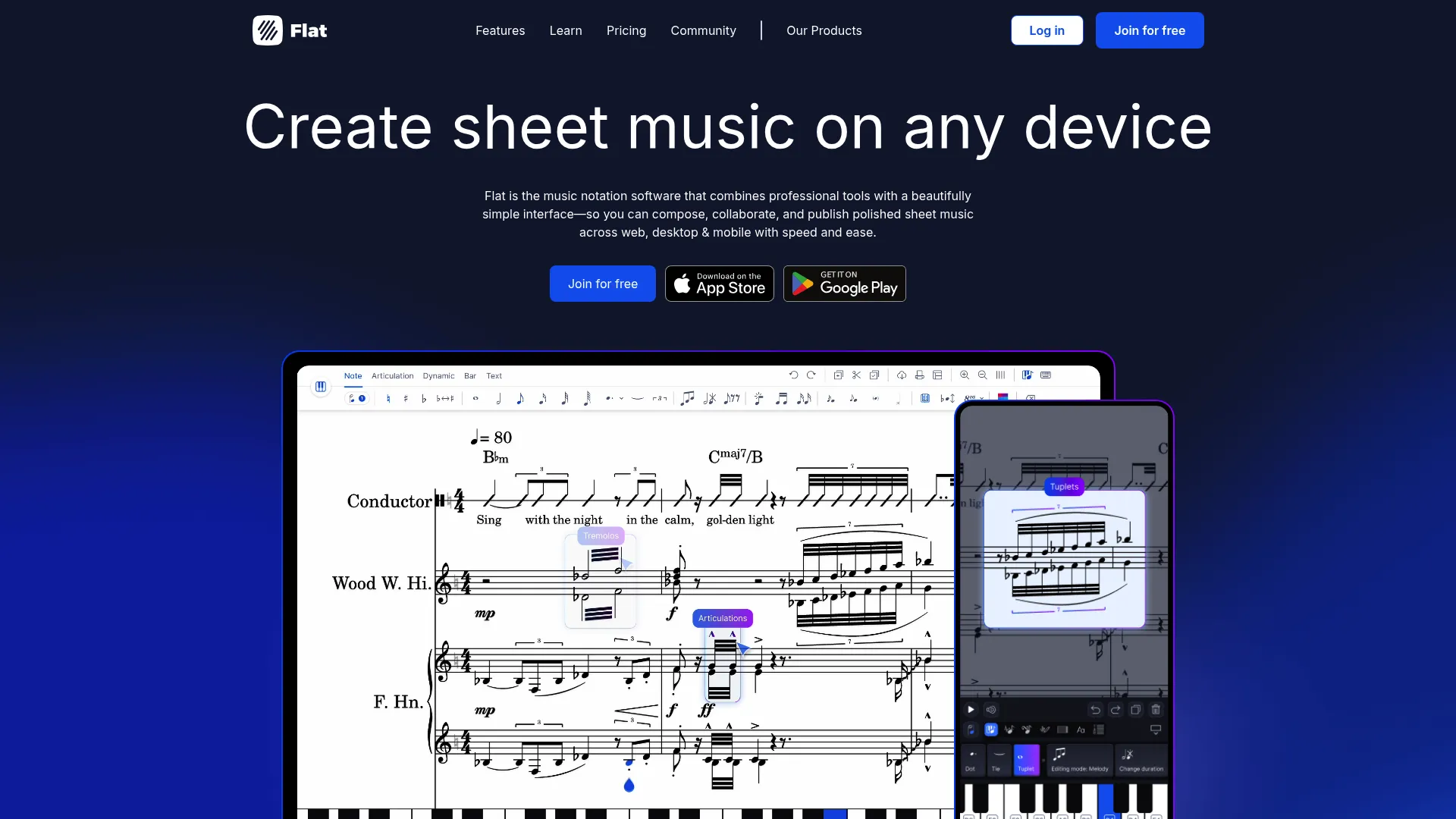 Flat homepage showing collaborative music notation across web, desktop, and mobile
