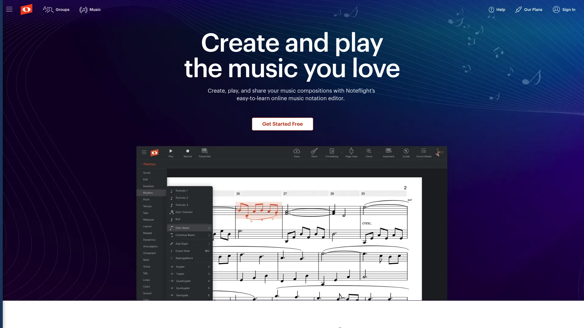Noteflight homepage showing browser-based music notation editor