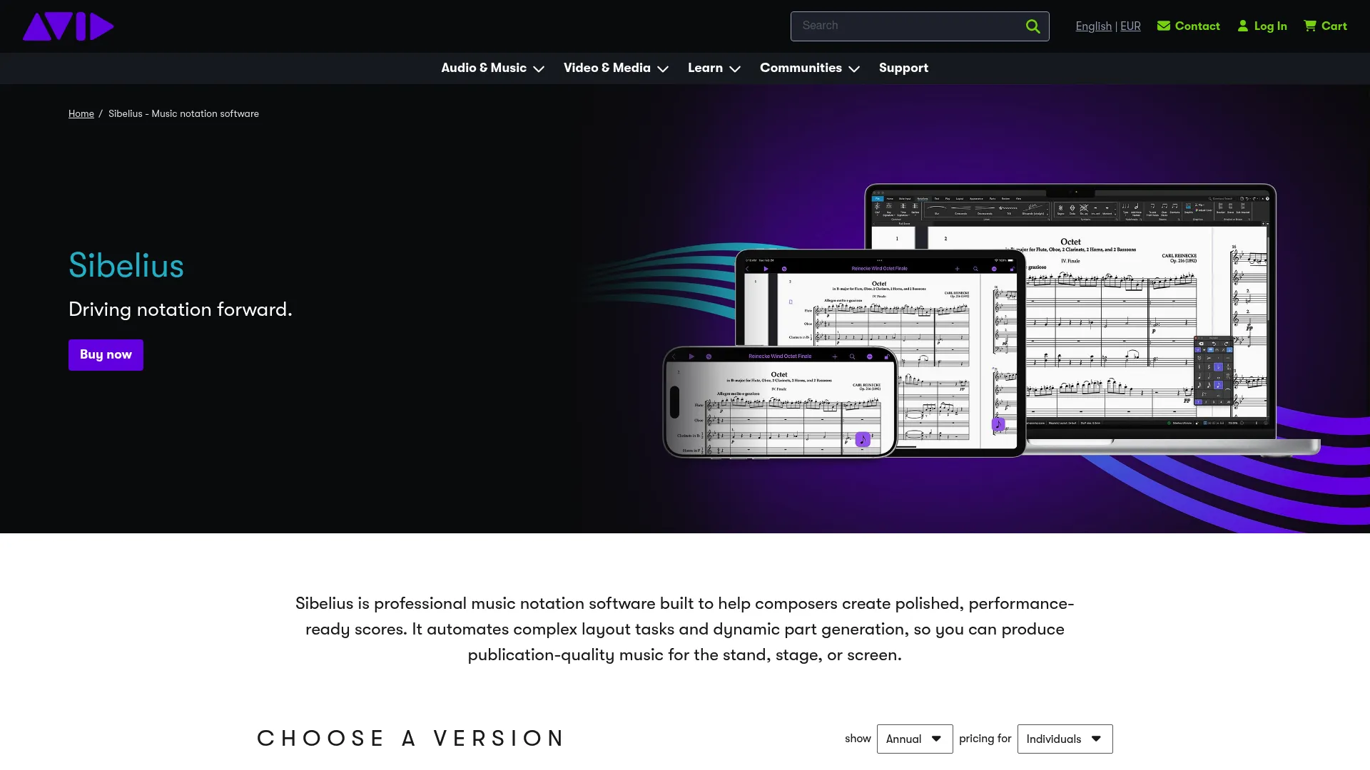 Sibelius homepage showing Avid notation software
