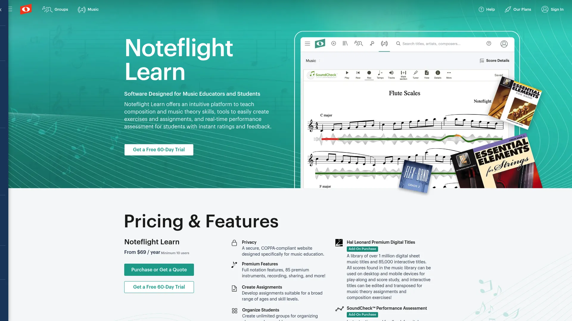 Noteflight Learn homepage showing classroom music education platform