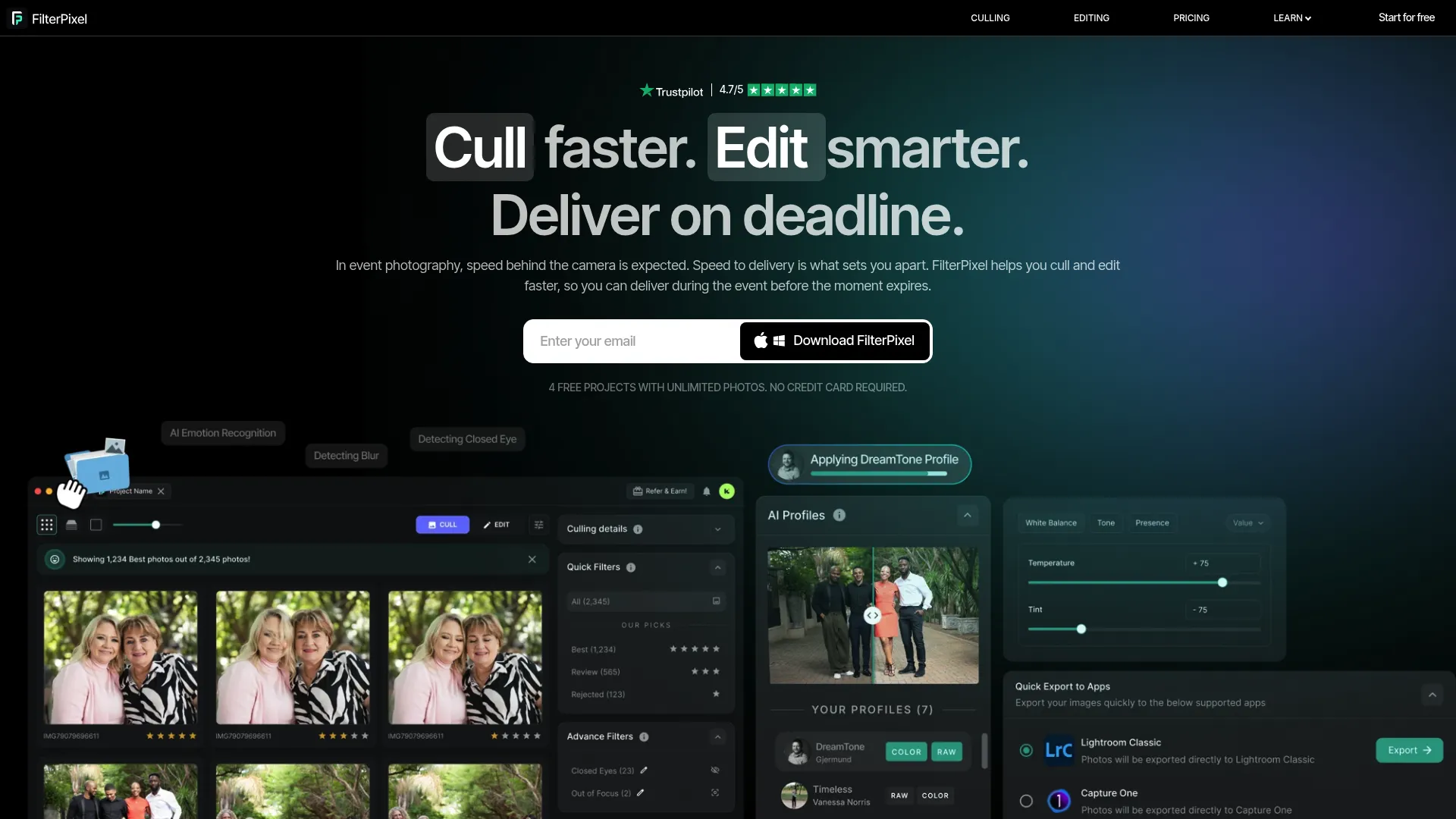 FilterPixel AI photo culling and editing homepage