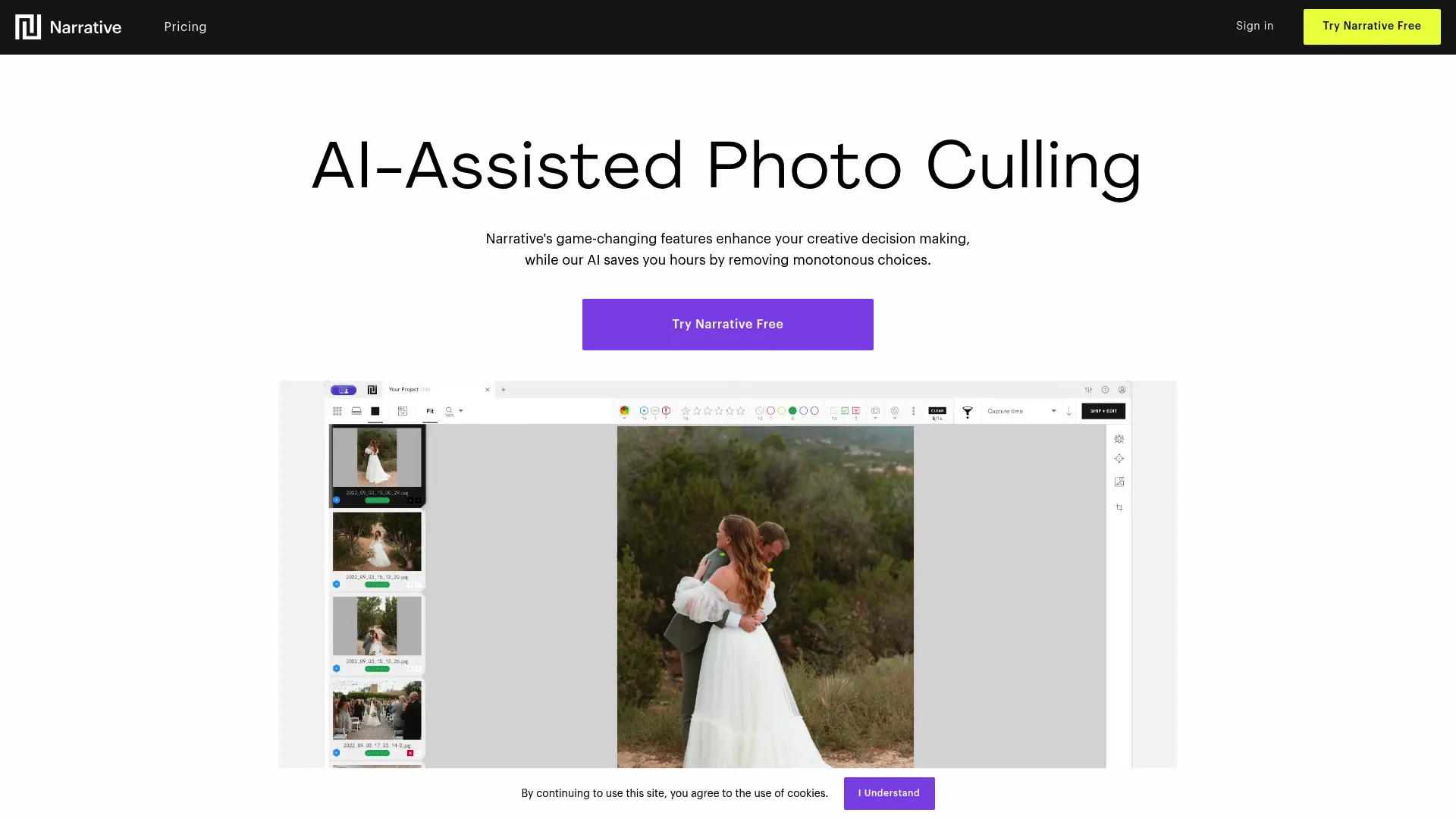 Narrative Select AI-assisted photo culling homepage
