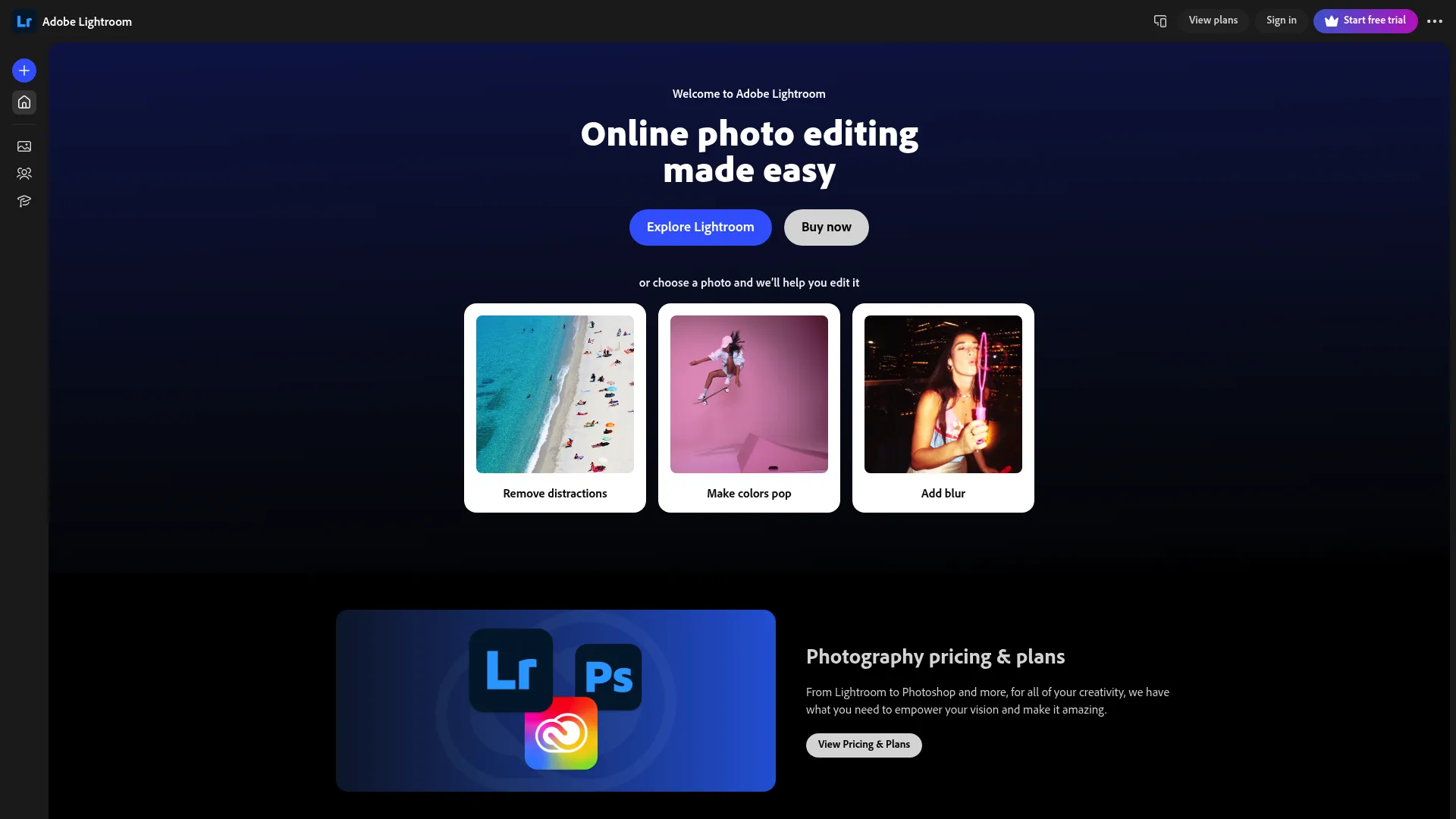 Adobe Lightroom photo editing and organizing homepage